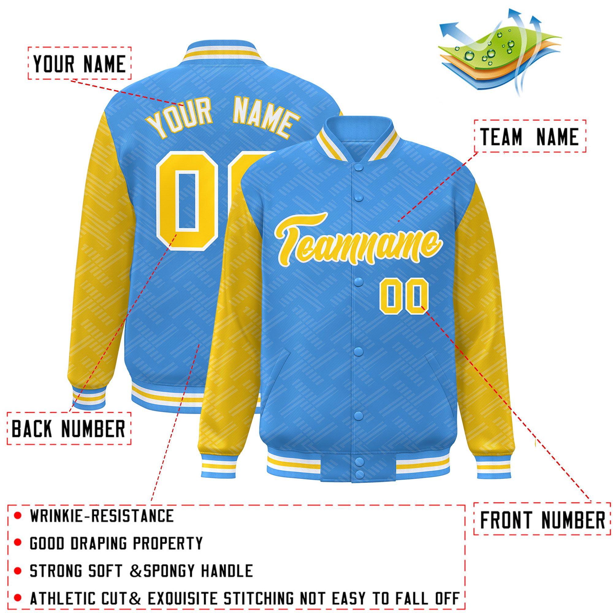 Custom Powder Blue Gold L Pattern Varsity Raglan Sleeves Full-Snap Letterman Baseball Jacket