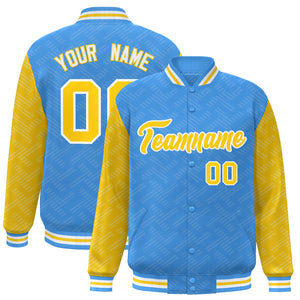 Custom Powder Blue Gold L Pattern Varsity Raglan Sleeves Full-Snap Letterman Baseball Jacket