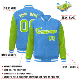 Custom Powder Blue Neon Green L Pattern Varsity Raglan Sleeves Full-Snap Letterman Baseball Jacket