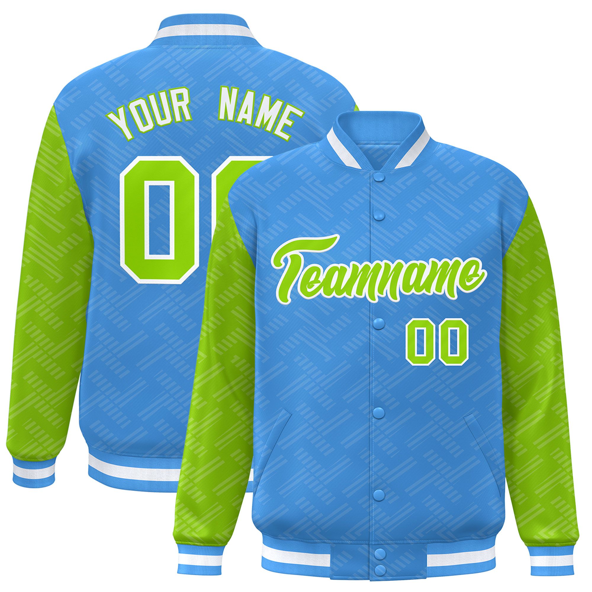 Custom Powder Blue Neon Green L Pattern Varsity Raglan Sleeves Full-Snap Letterman Baseball Jacket