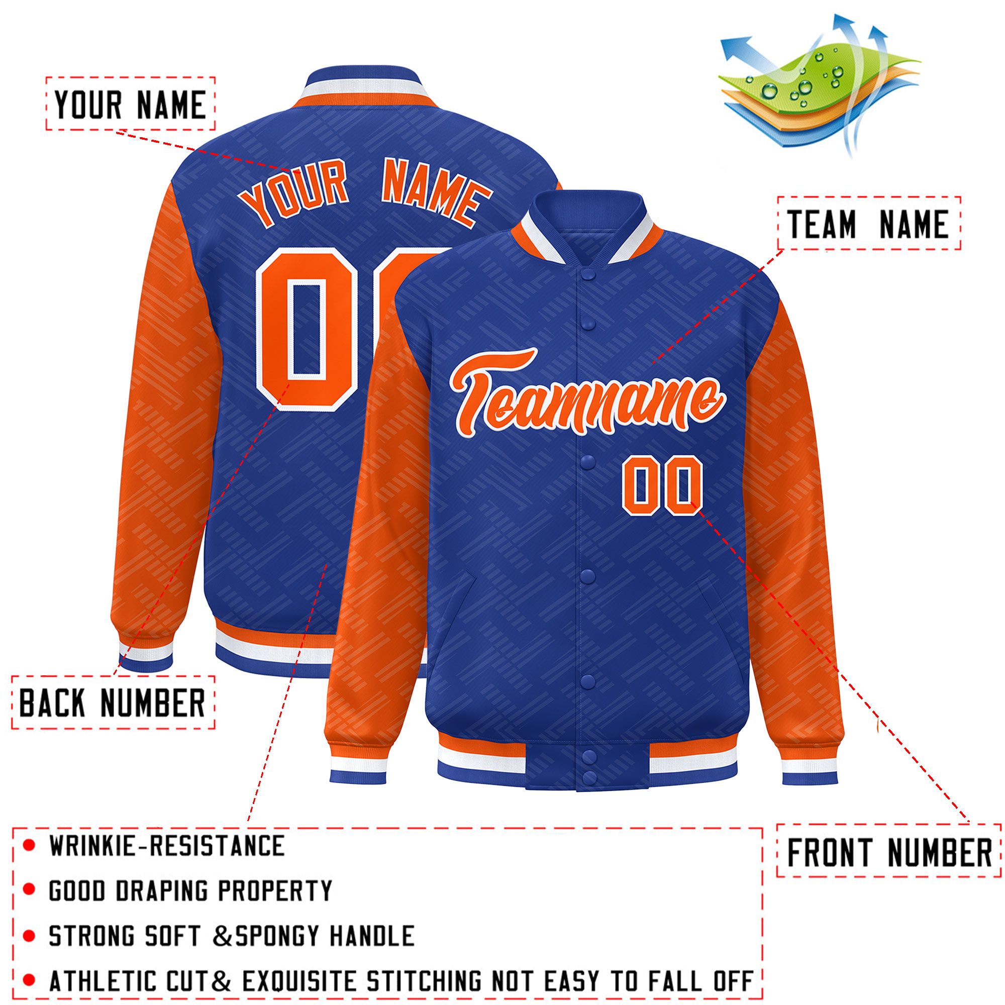 Custom Royal Orange L Pattern Varsity Raglan Sleeves Full-Snap Letterman Baseball Jacket