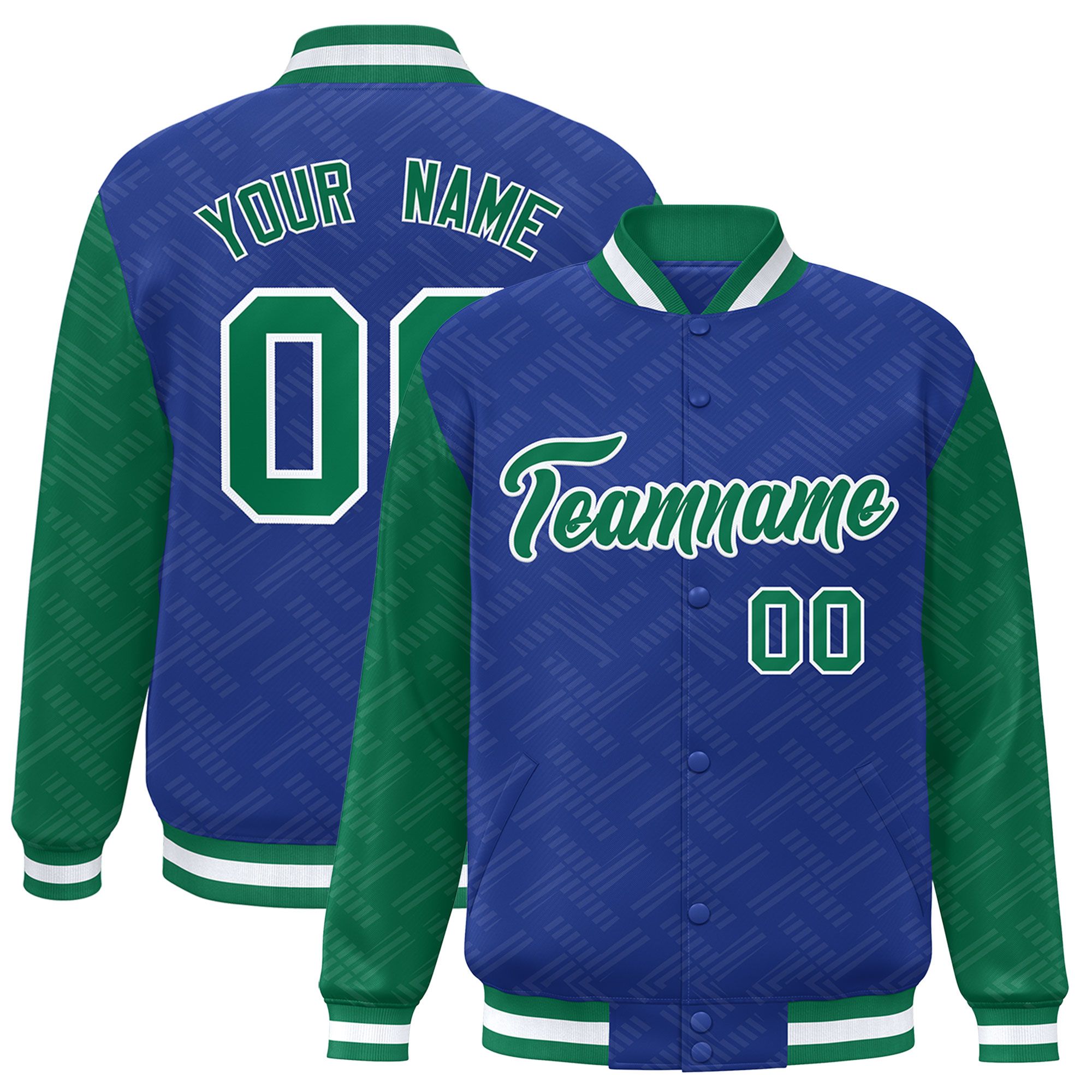 Custom Royal Kelly Green L Pattern Varsity Raglan Sleeves Full-Snap Letterman Baseball Jacket