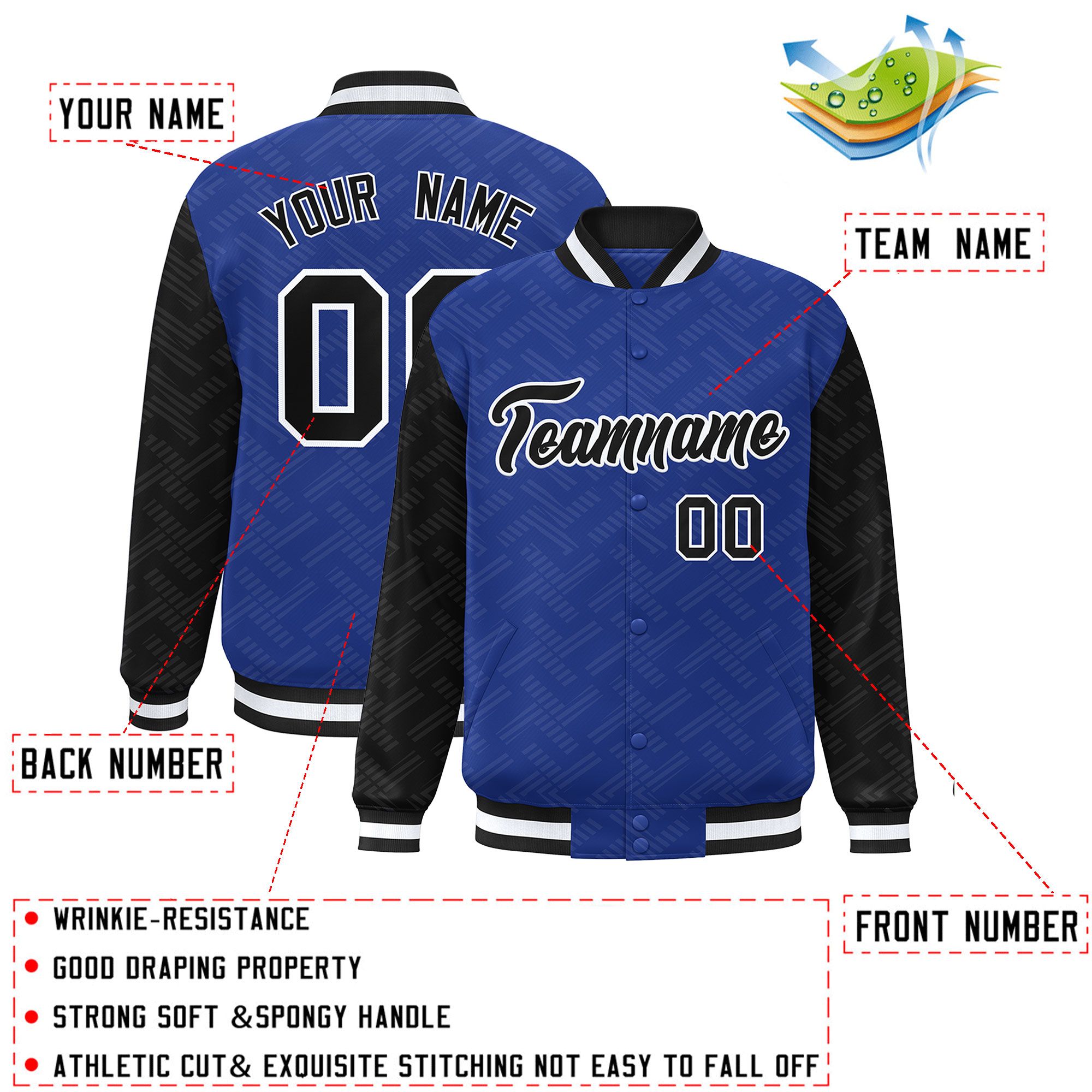 Custom Royal Black L Pattern Varsity Raglan Sleeves Full-Snap Letterman Baseball Jacket