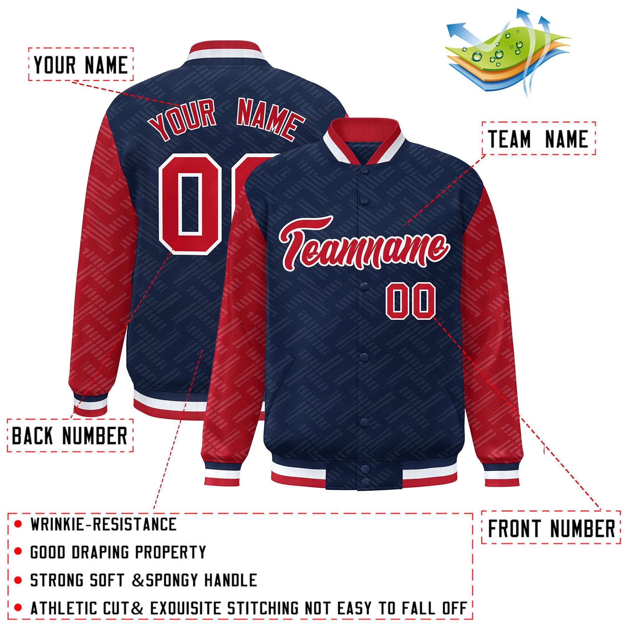 Custom Navy Red L Pattern Varsity Raglan Sleeves Full-Snap Letterman Baseball Jacket