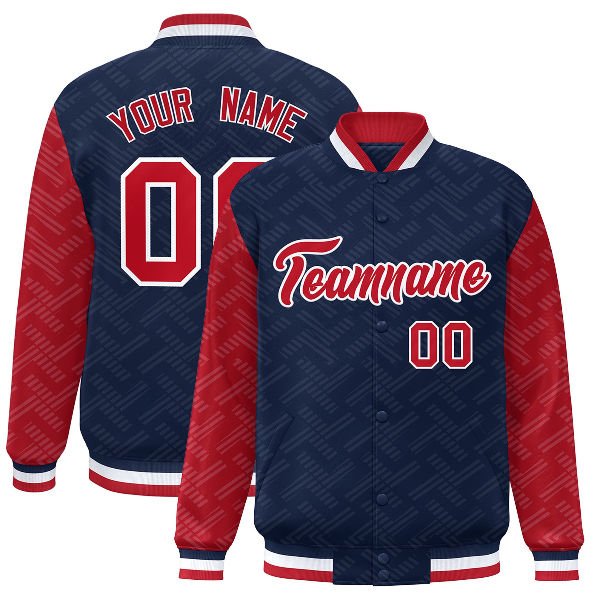 Custom Navy Red L Pattern Varsity Raglan Sleeves Full-Snap Letterman Baseball Jacket