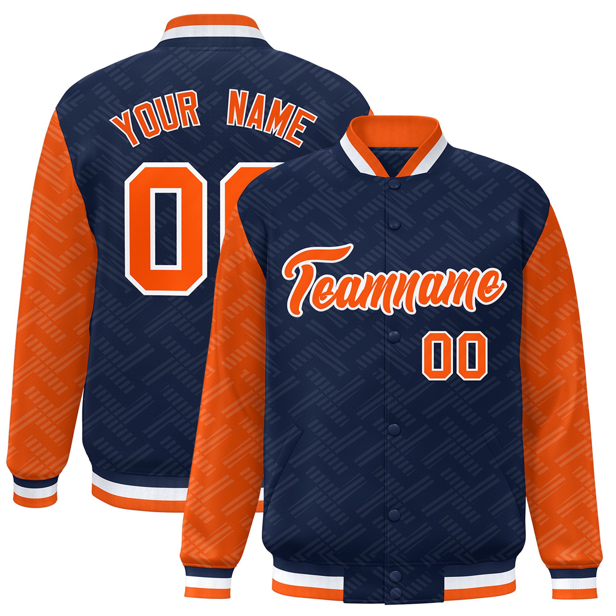 Custom Navy Orange L Pattern Varsity Raglan Sleeves Full-Snap Letterman Baseball Jacket