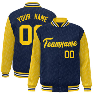 Custom Navy Gold L Pattern Varsity Raglan Sleeves Full-Snap Letterman Baseball Jacket