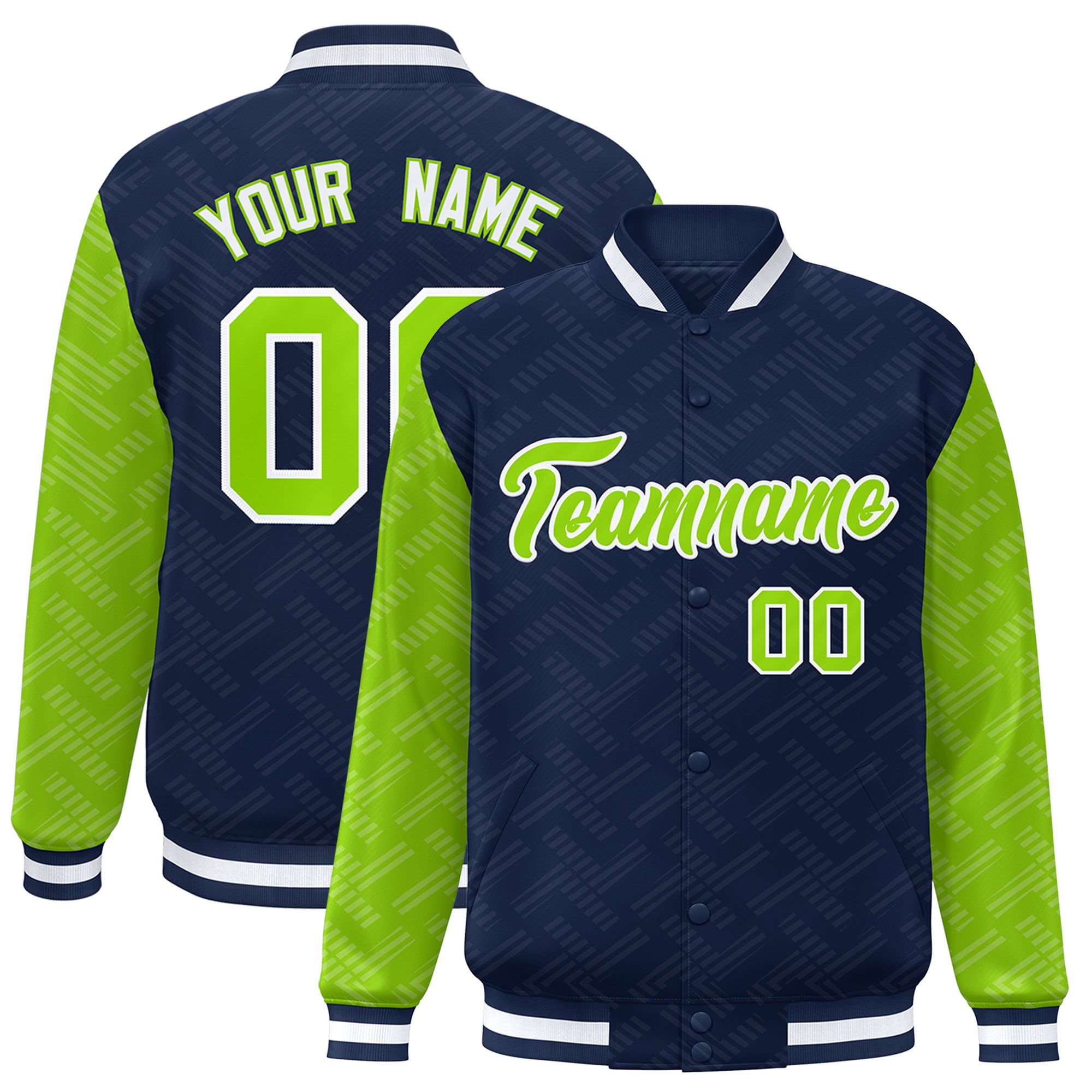 Custom Navy Neon Green L Pattern Varsity Raglan Sleeves Full-Snap Letterman Baseball Jacket