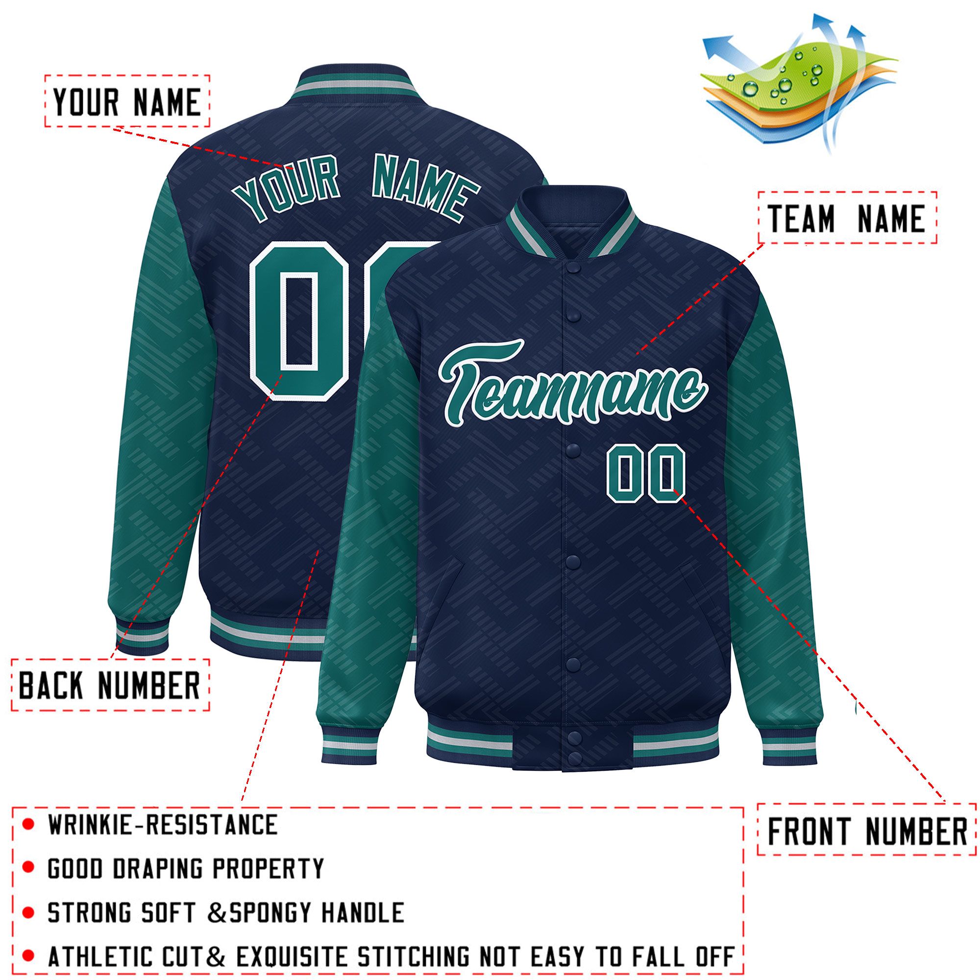 Custom Navy Aqua L Pattern Varsity Raglan Sleeves Full-Snap Letterman Baseball Jacket