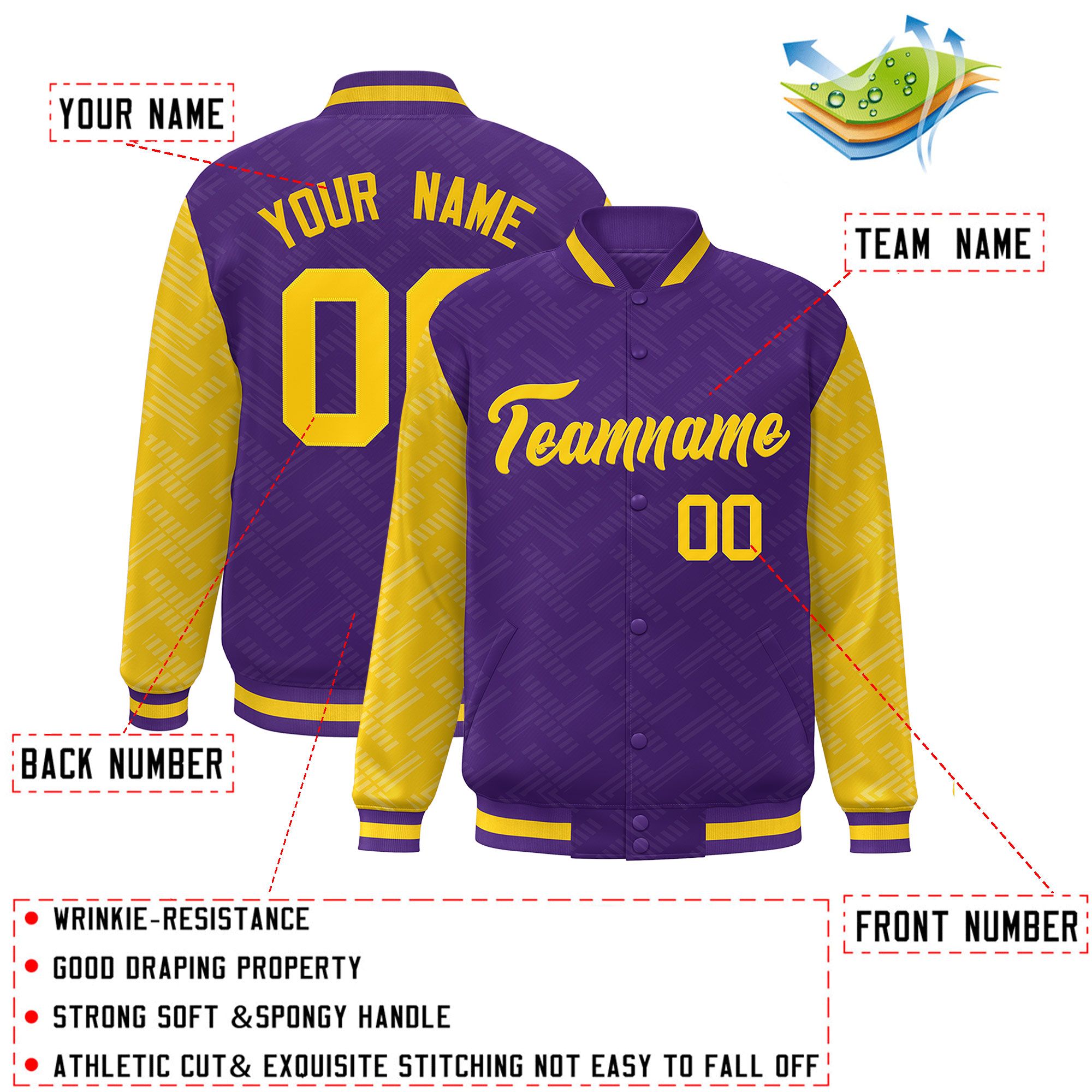 Custom Purple Gold L Pattern Varsity Raglan Sleeves Full-Snap Letterman Baseball Jacket