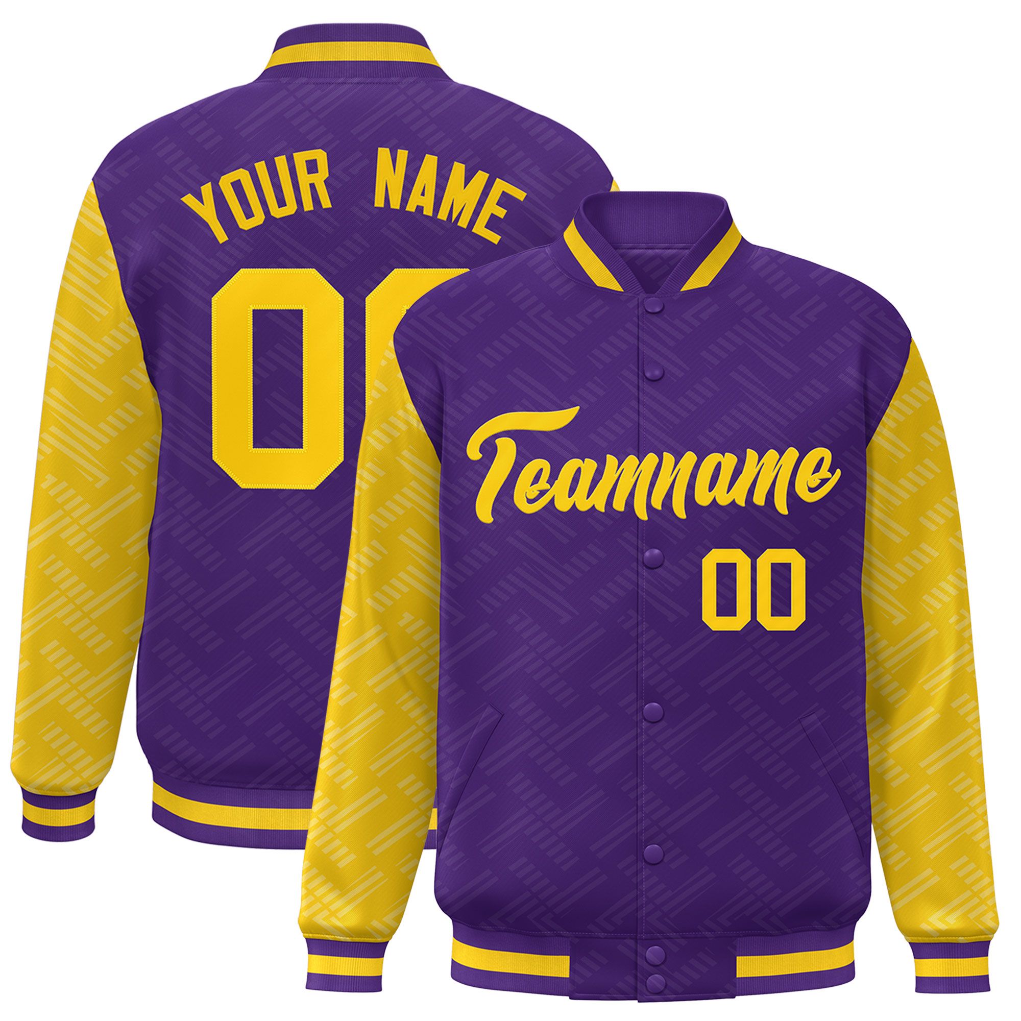 Custom Purple Gold L Pattern Varsity Raglan Sleeves Full-Snap Letterman Baseball Jacket