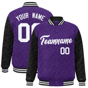 Custom Purple Black L Pattern Varsity Raglan Sleeves Full-Snap Letterman Baseball Jacket