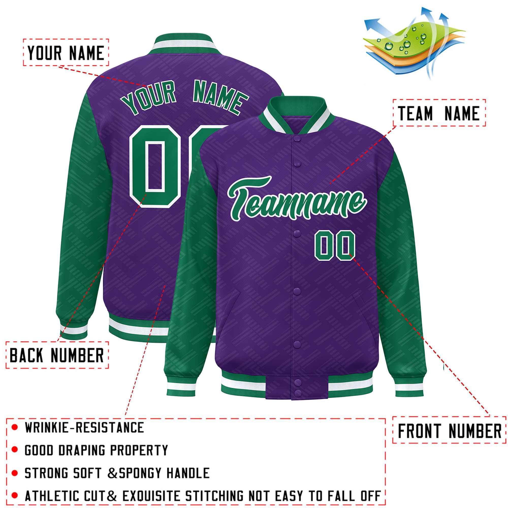 Custom Purple Kelly Green L Pattern Varsity Raglan Sleeves Full-Snap Letterman Baseball Jacket