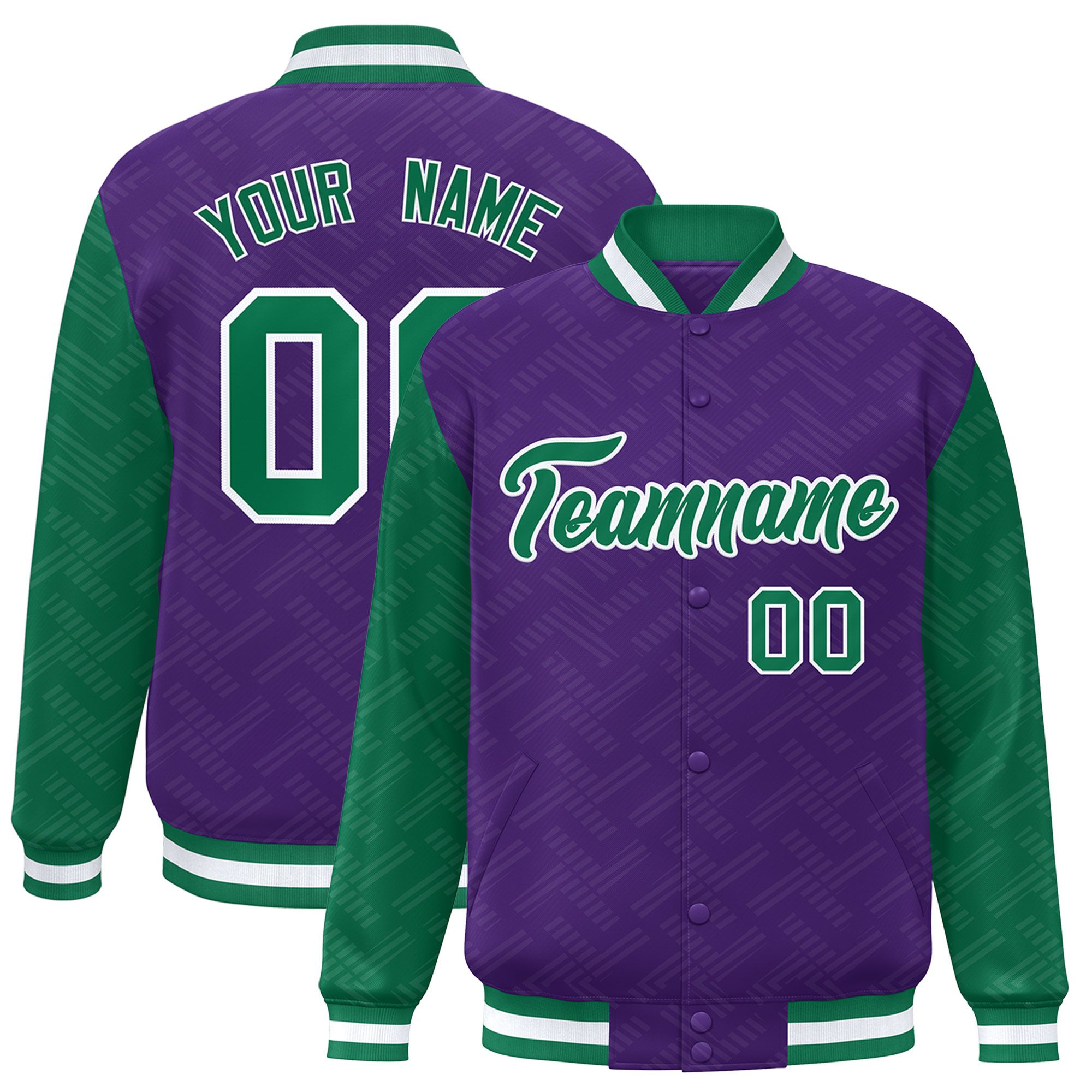 Custom Purple Kelly Green L Pattern Varsity Raglan Sleeves Full-Snap Letterman Baseball Jacket