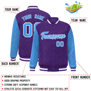 Custom Purple Powder Blue L Pattern Varsity Raglan Sleeves Full-Snap Letterman Baseball Jacket