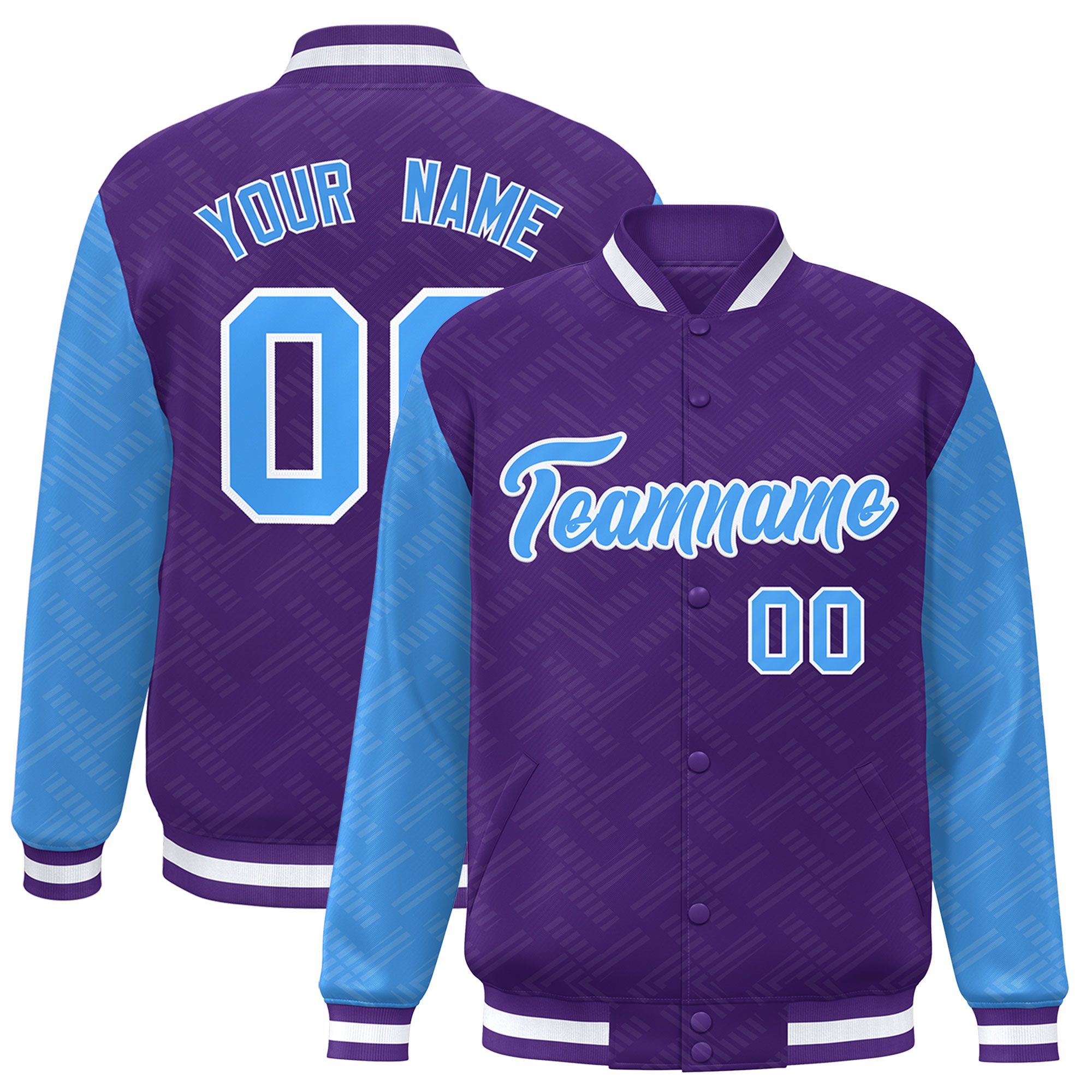 Custom Purple Powder Blue L Pattern Varsity Raglan Sleeves Full-Snap Letterman Baseball Jacket