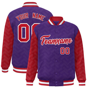 Custom Purple Red L Pattern Varsity Raglan Sleeves Full-Snap Letterman Baseball Jacket