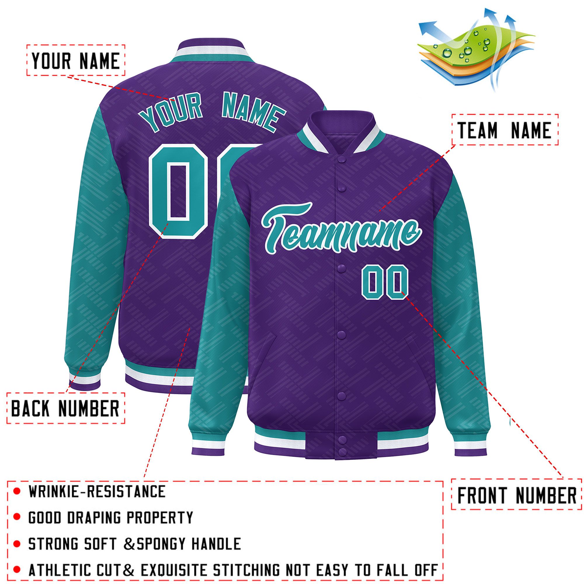 Custom Purple Aqua L Pattern Varsity Raglan Sleeves Full-Snap Letterman Baseball Jacket