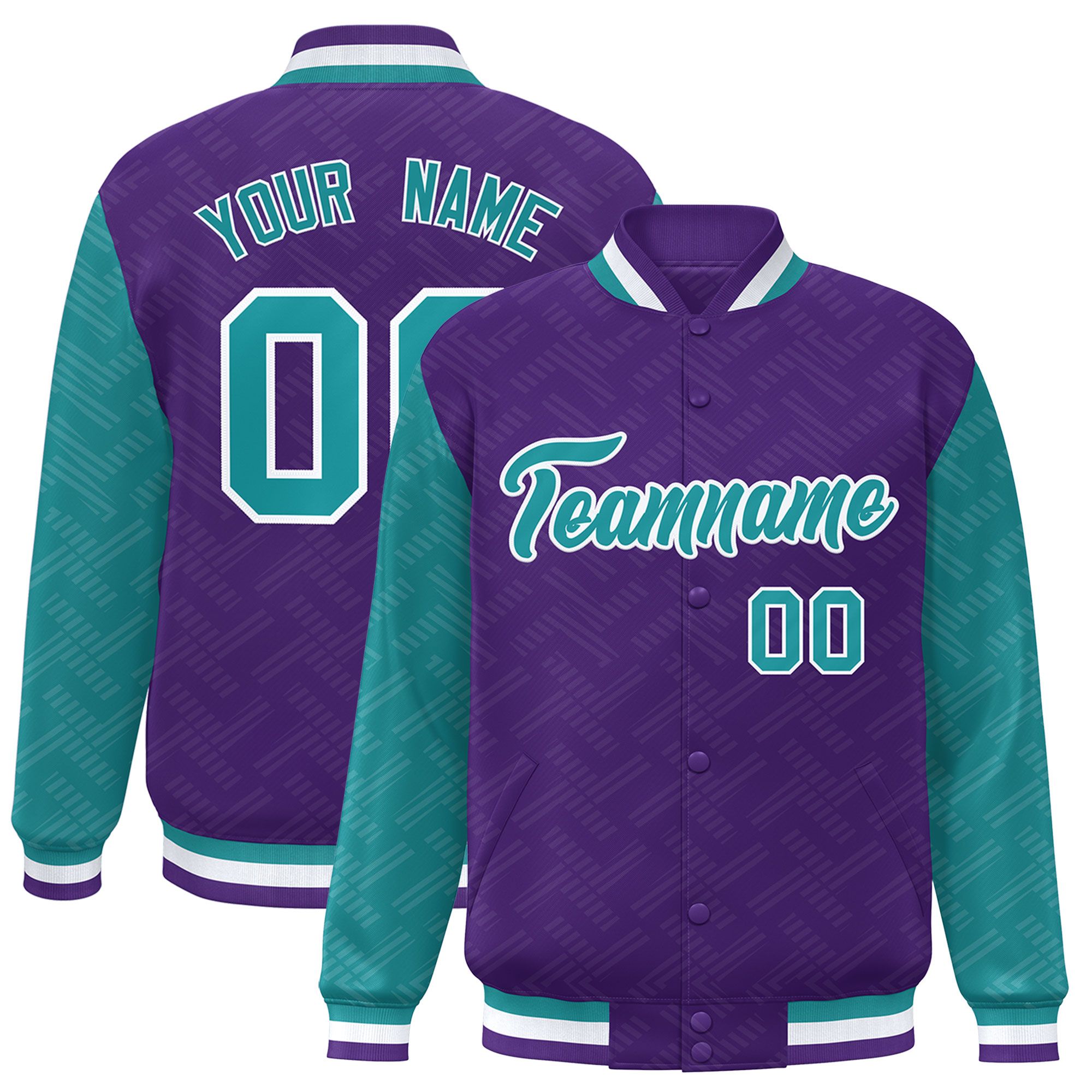 Custom Purple Aqua L Pattern Varsity Raglan Sleeves Full-Snap Letterman Baseball Jacket