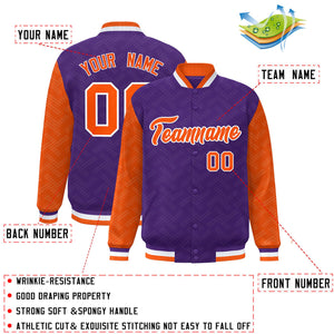 Custom Purple Orange L Pattern Varsity Raglan Sleeves Full-Snap Letterman Baseball Jacket