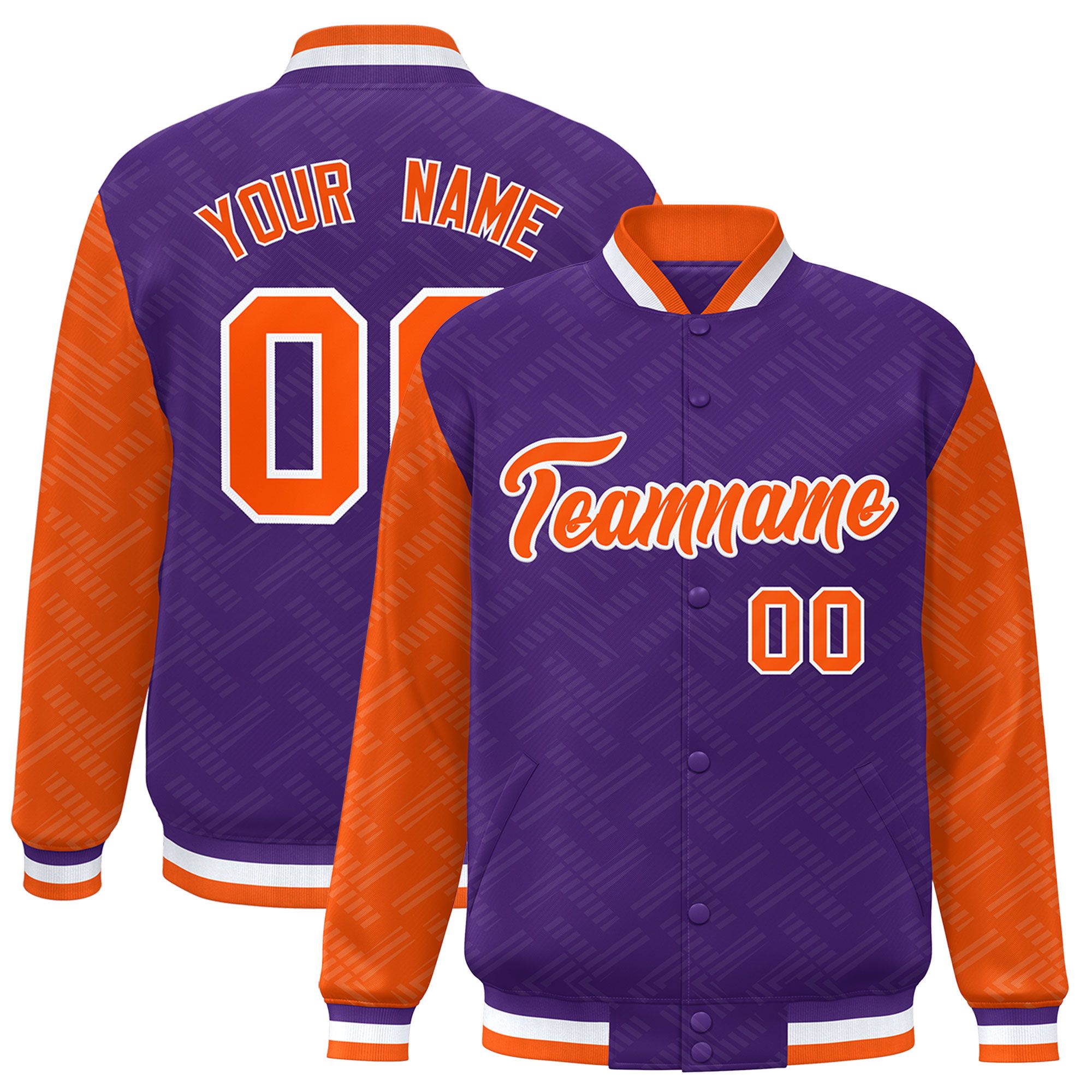 Custom Purple Orange L Pattern Varsity Raglan Sleeves Full-Snap Letterman Baseball Jacket