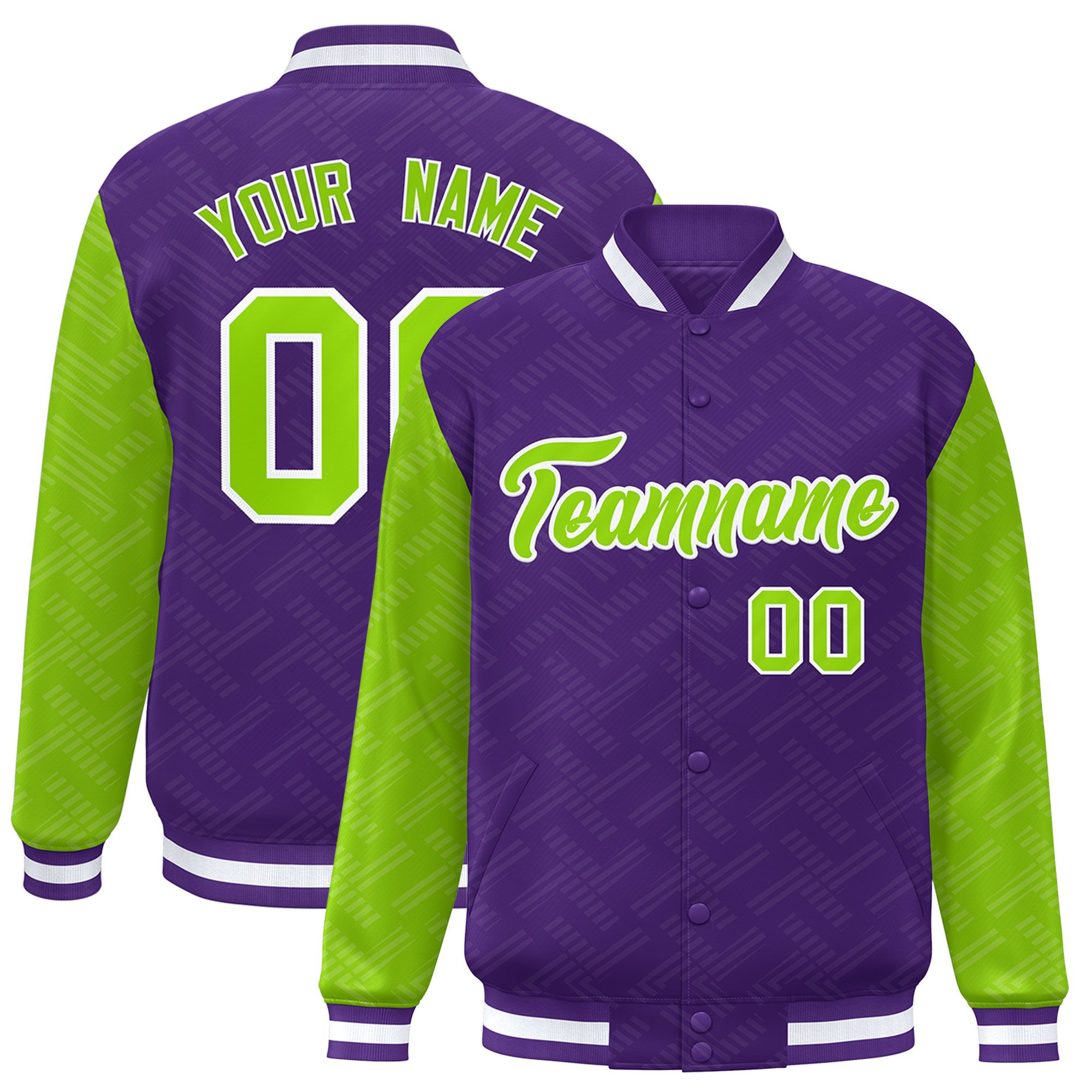 Custom Purple Neon Green L Pattern Varsity Raglan Sleeves Full-Snap Letterman Baseball Jacket