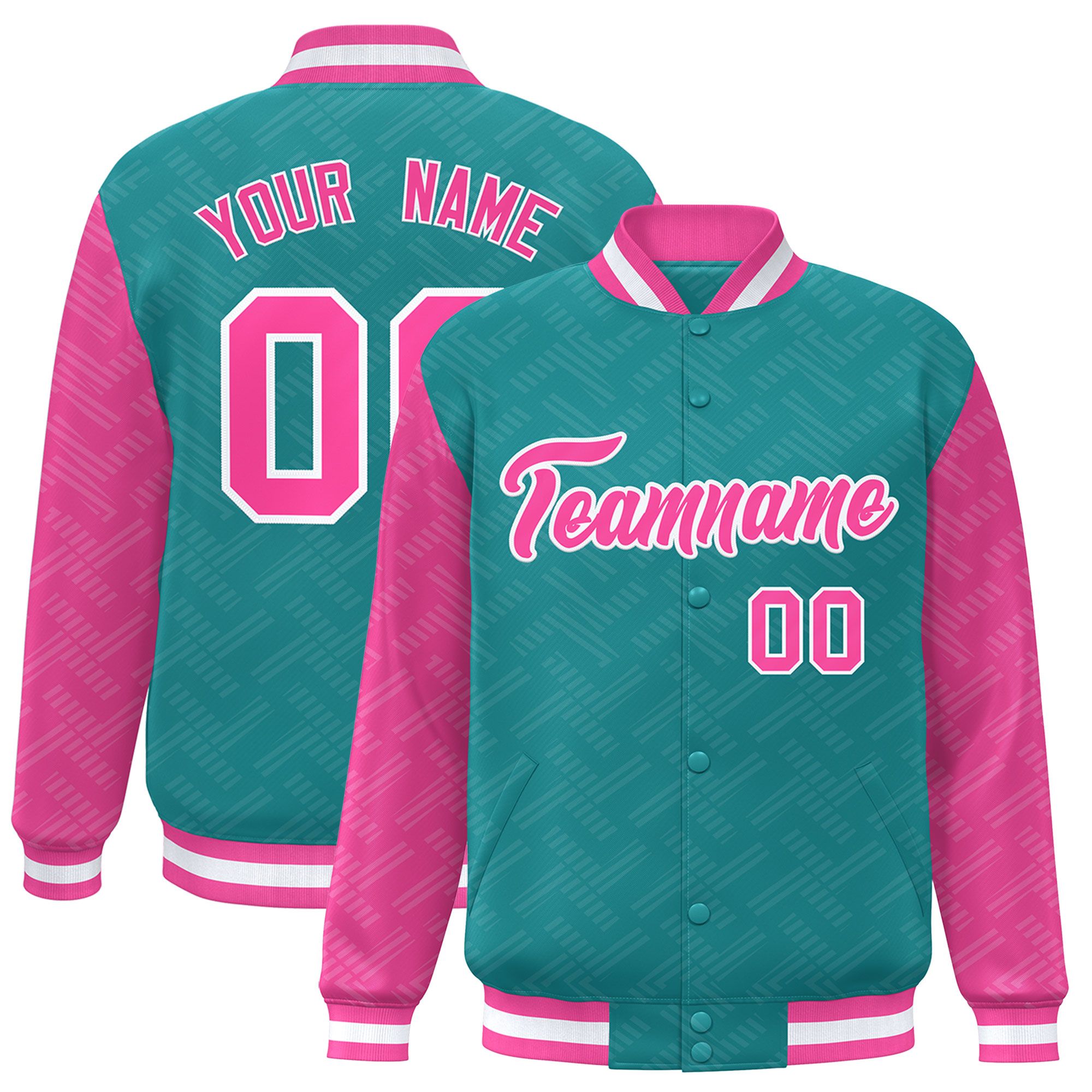 Custom Aqua Pink L Pattern Varsity Raglan Sleeves Full-Snap Letterman Baseball Jacket