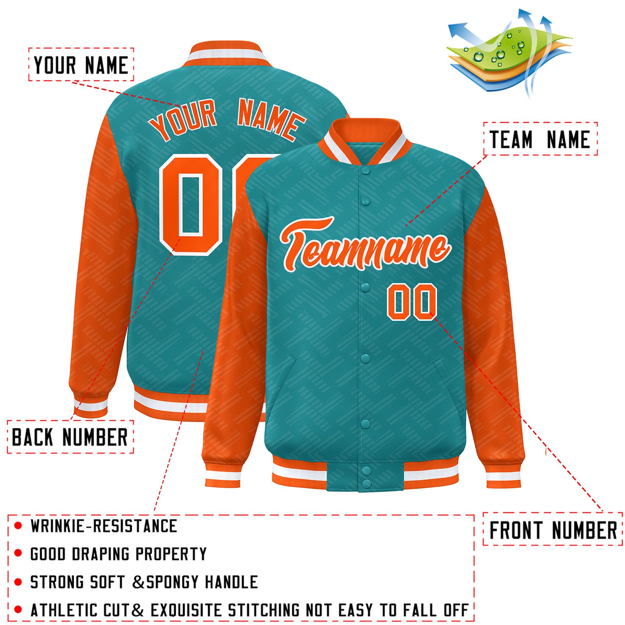 Custom Aqua Orange L Pattern Varsity Raglan Sleeves Full-Snap Letterman Baseball Jacket