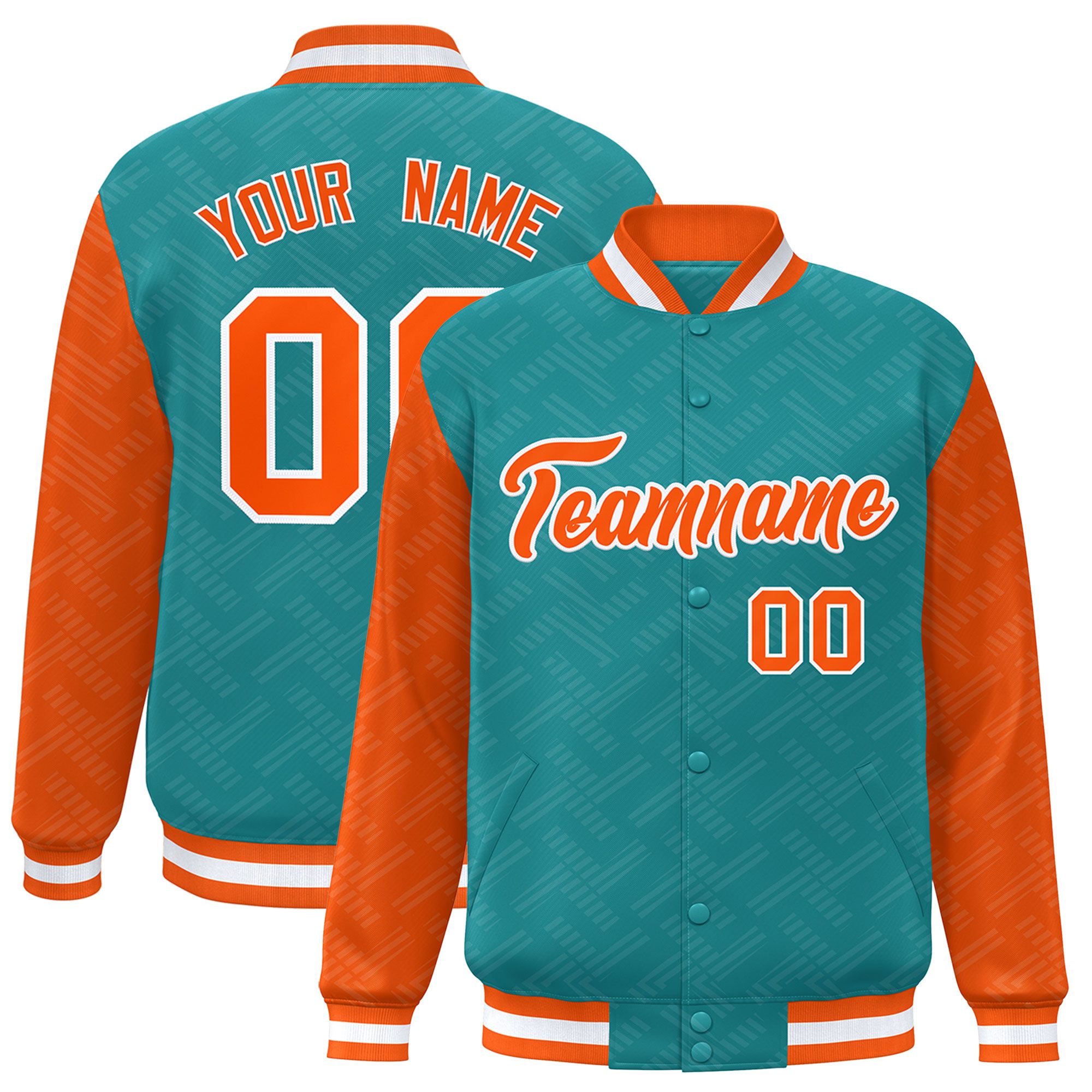 Custom Aqua Orange L Pattern Varsity Raglan Sleeves Full-Snap Letterman Baseball Jacket