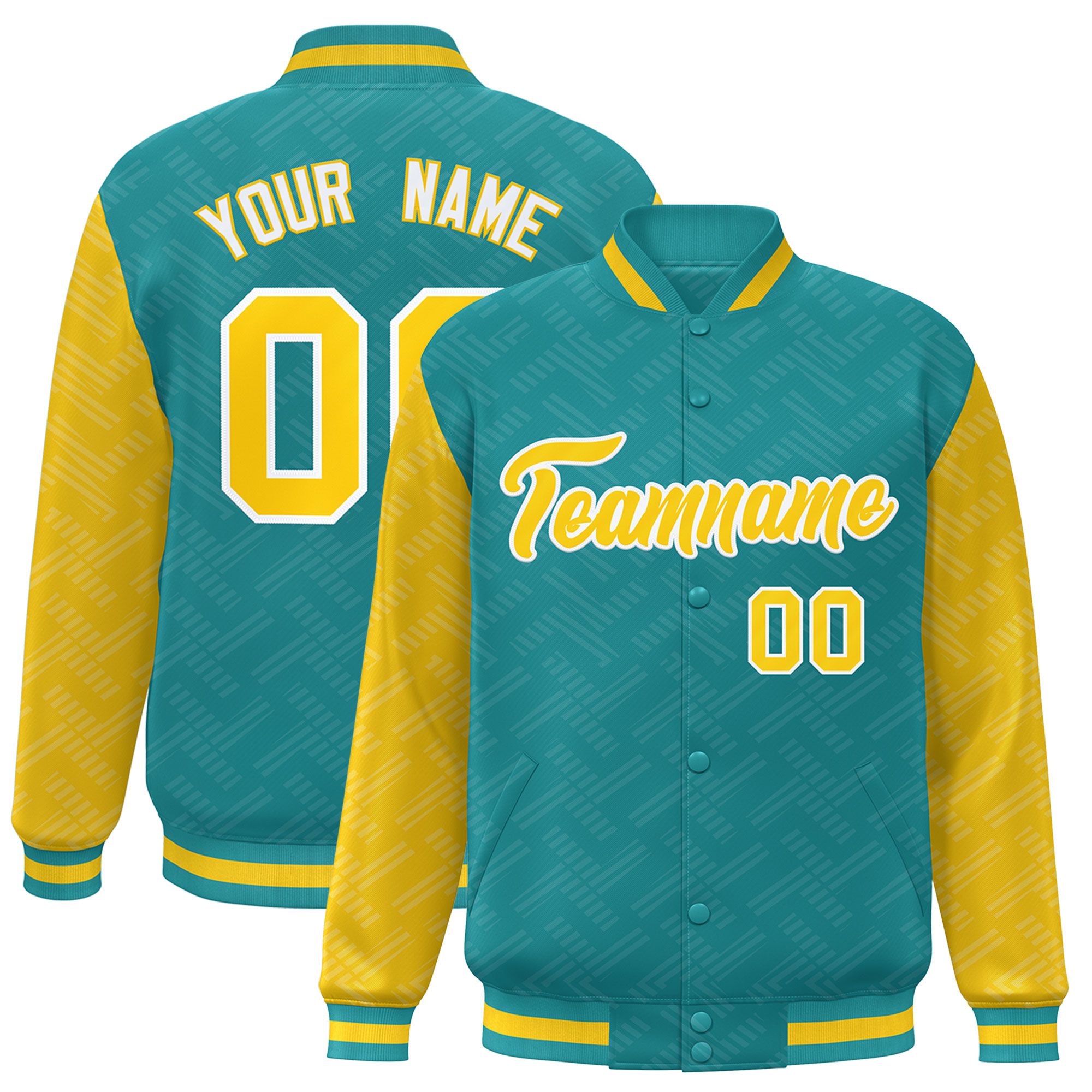 Custom Aqua Gold L Pattern Varsity Raglan Sleeves Full-Snap Letterman Baseball Jacket