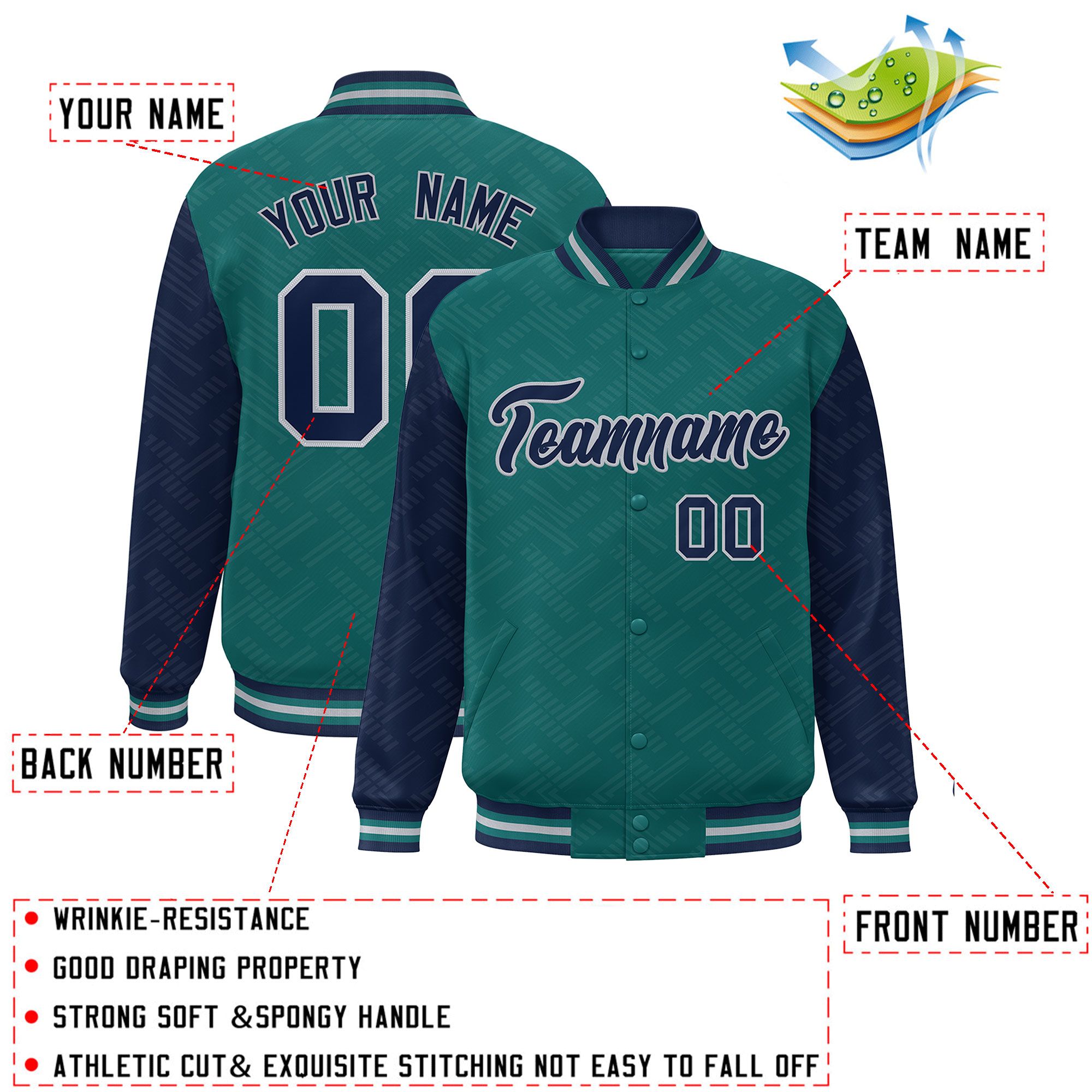 Custom Aqua Navy L Pattern Varsity Raglan Sleeves Full-Snap Letterman Baseball Jacket