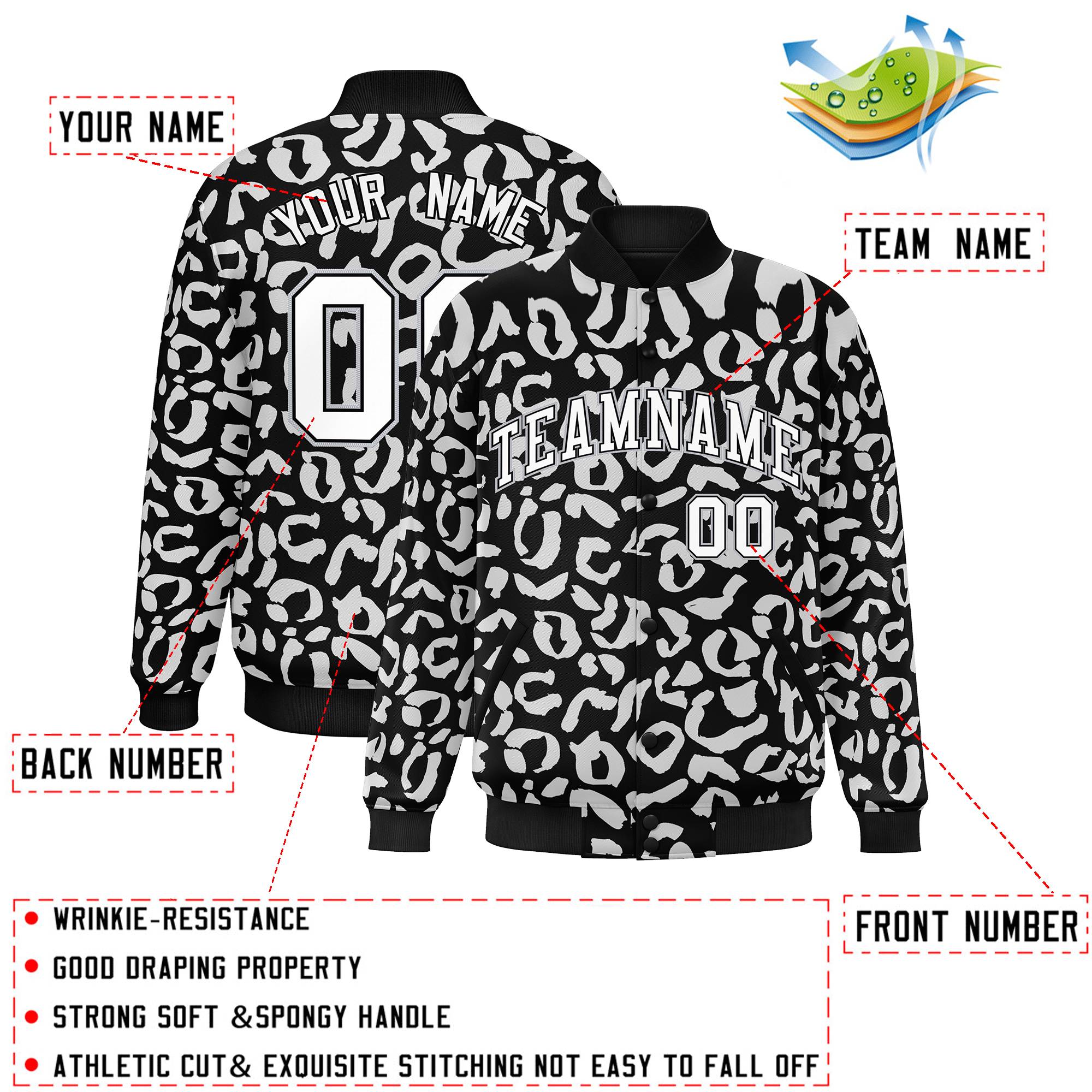 Custom Black White Varsity Full-Snap Leopard Print Graffiti Pattern Letterman Baseball Jacket