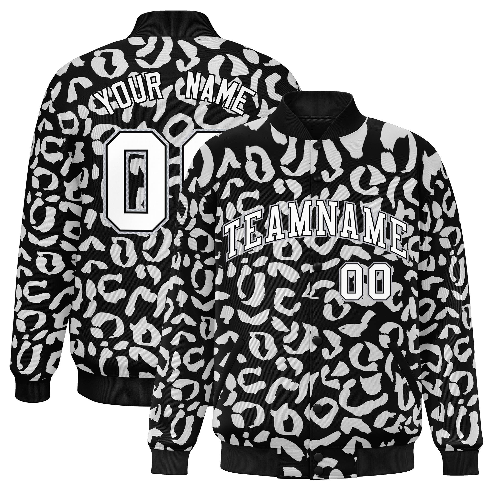 Custom Black White Varsity Full-Snap Leopard Print Graffiti Pattern Letterman Baseball Jacket