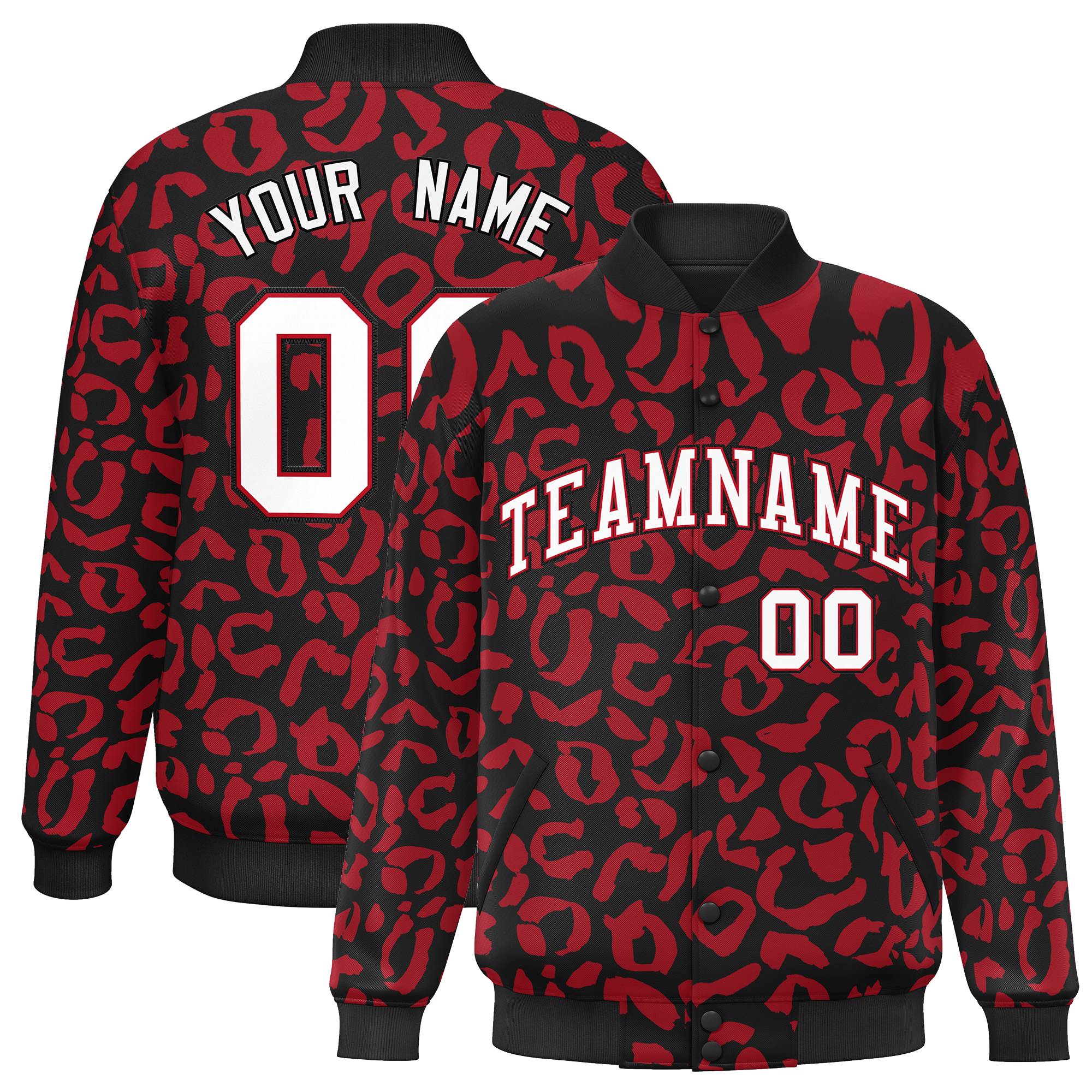 Custom Black Red Varsity Full-Snap Leopard Print Graffiti Pattern Letterman Baseball Jacket