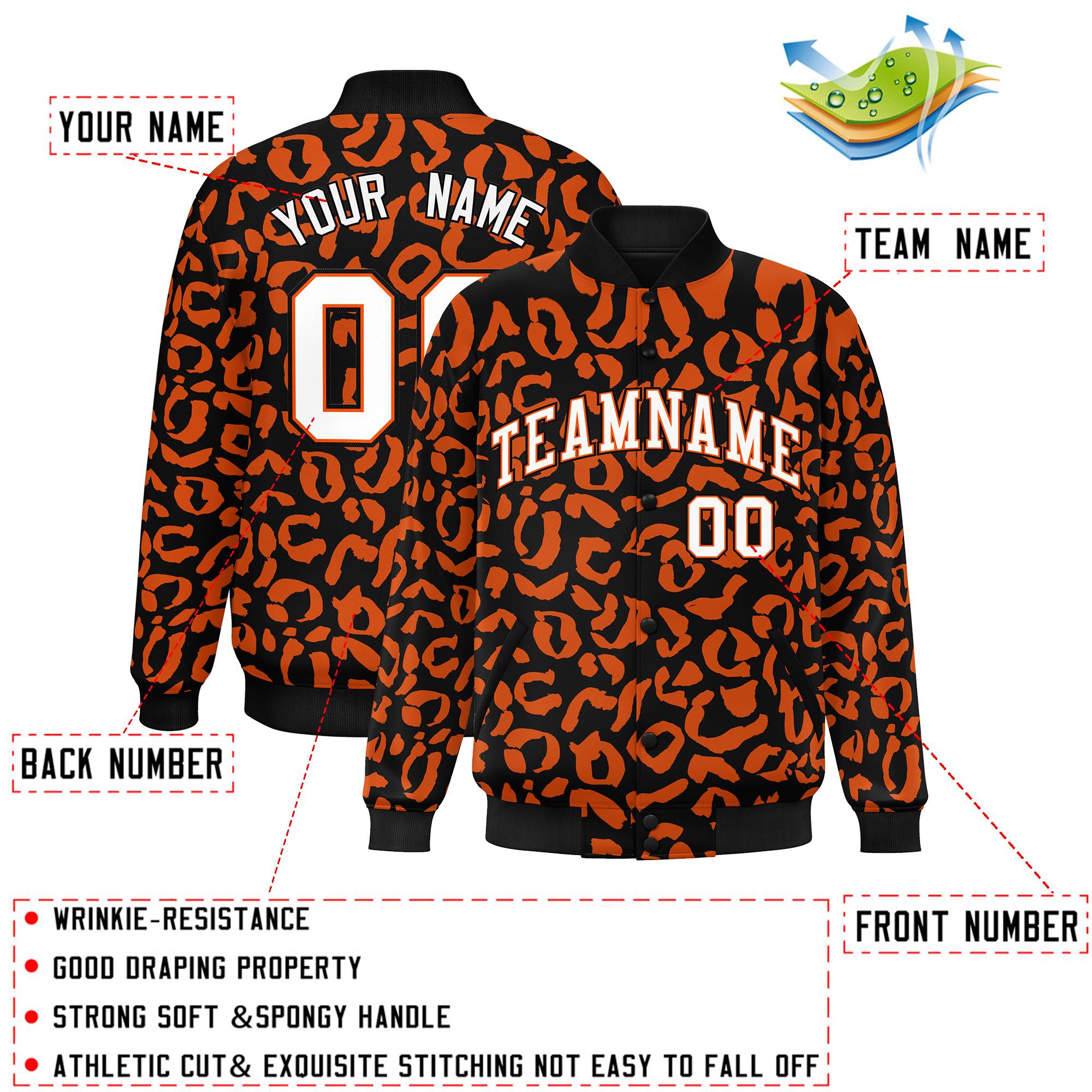 Custom Black Orange Varsity Full-Snap Leopard Print Graffiti Pattern Letterman Baseball Jacket