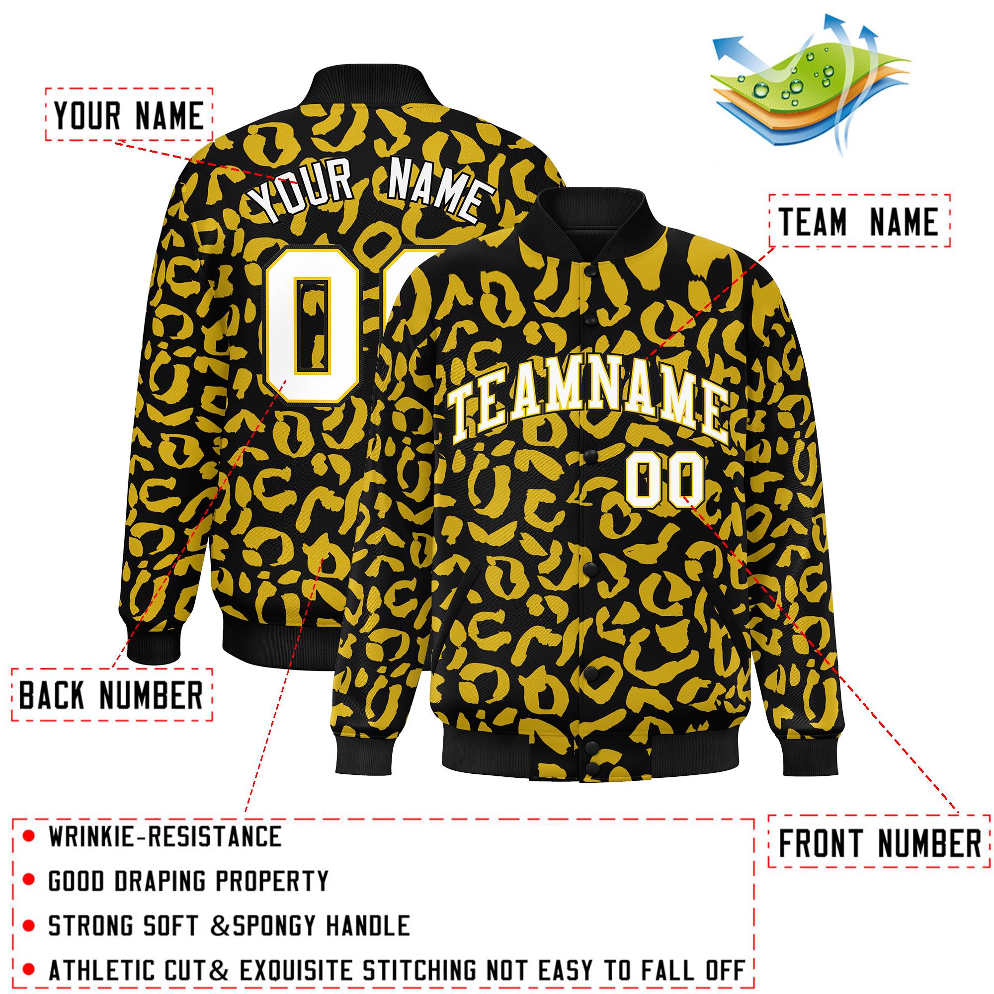 Custom Black Gold Varsity Full-Snap Leopard Print Graffiti Pattern Letterman Baseball Jacket