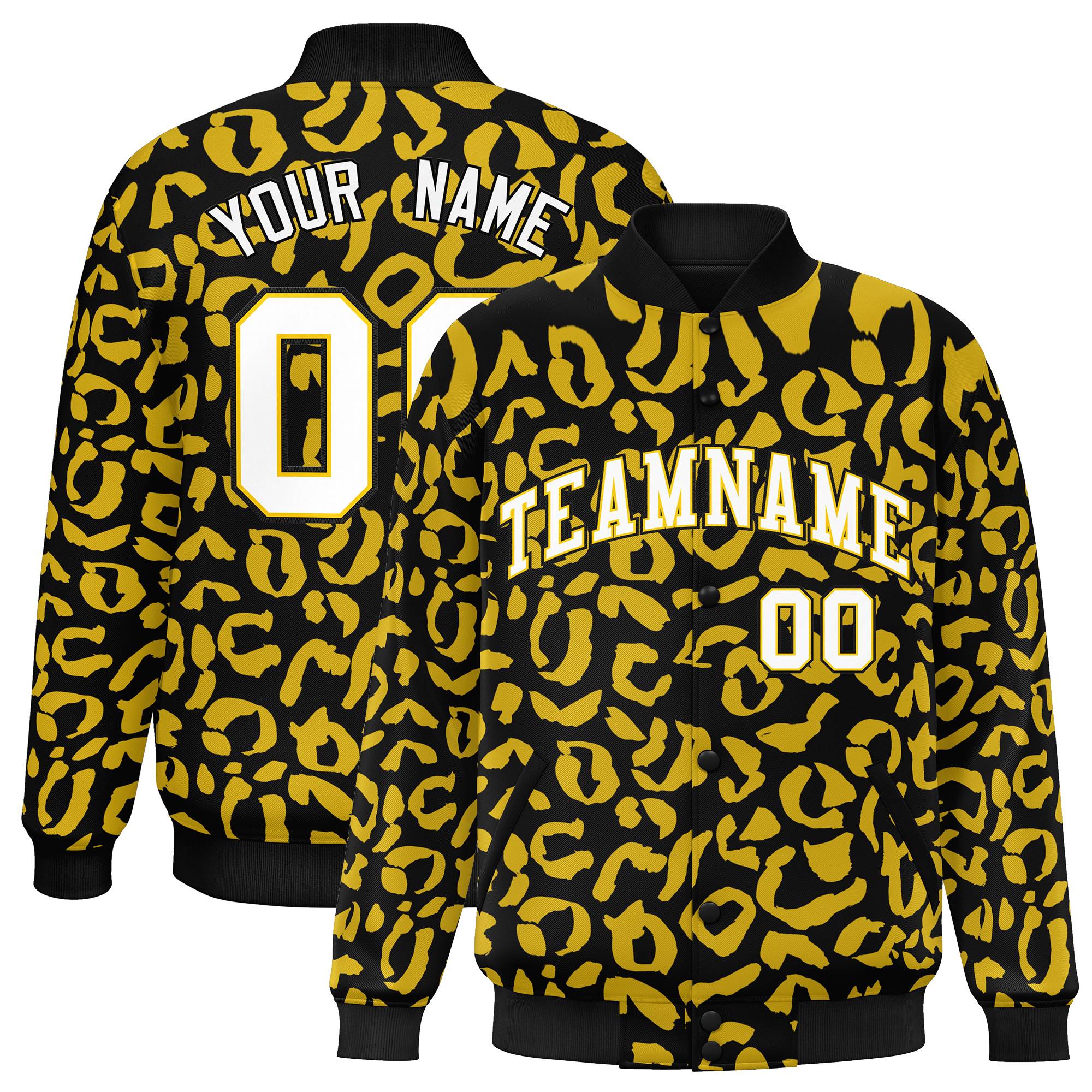 Custom Black Gold Varsity Full-Snap Leopard Print Graffiti Pattern Letterman Baseball Jacket