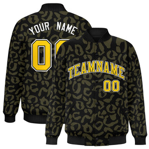 Custom Black Olive Varsity Full-Snap Leopard Print Graffiti Pattern Letterman Baseball Jacket