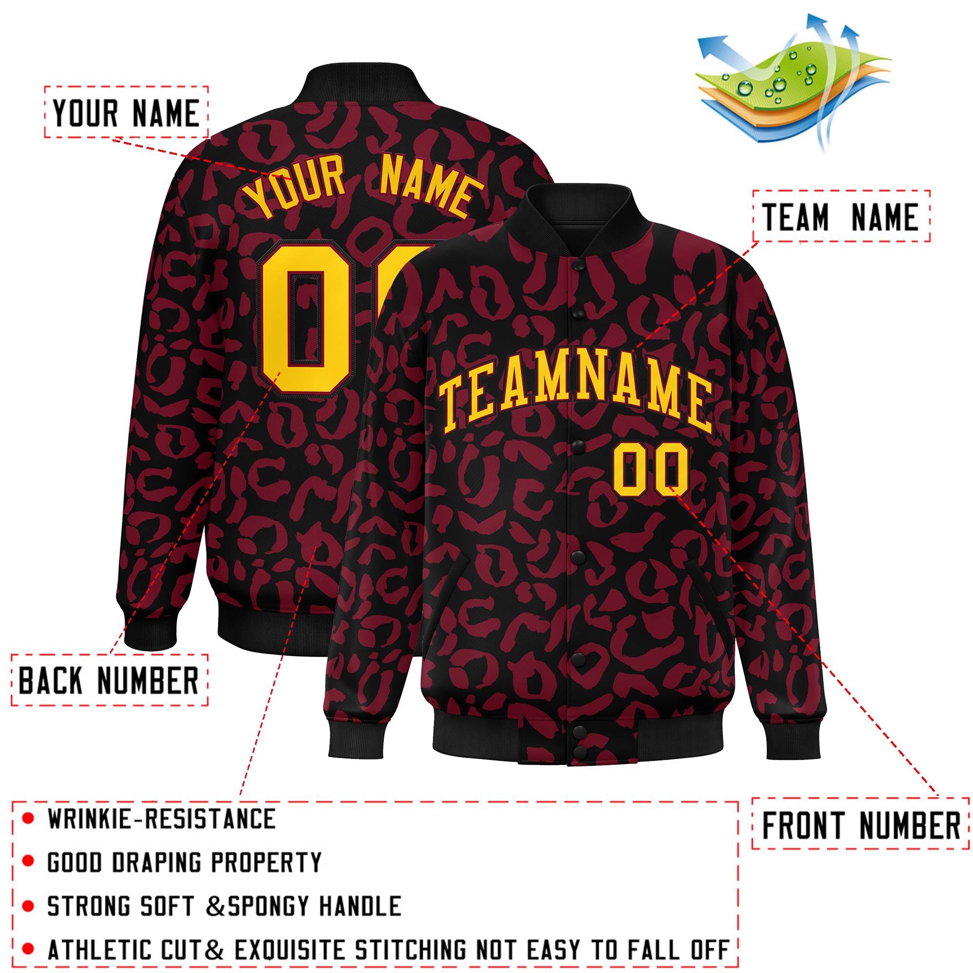 Custom Black Crimson Varsity Full-Snap Leopard Print Graffiti Pattern Letterman Baseball Jacket