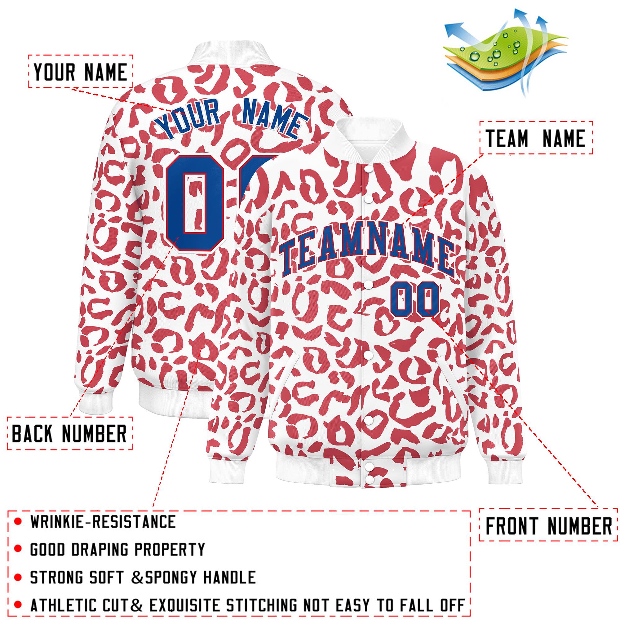 Custom White Red Varsity Full-Snap Leopard Print Graffiti Pattern Letterman Baseball Jacket