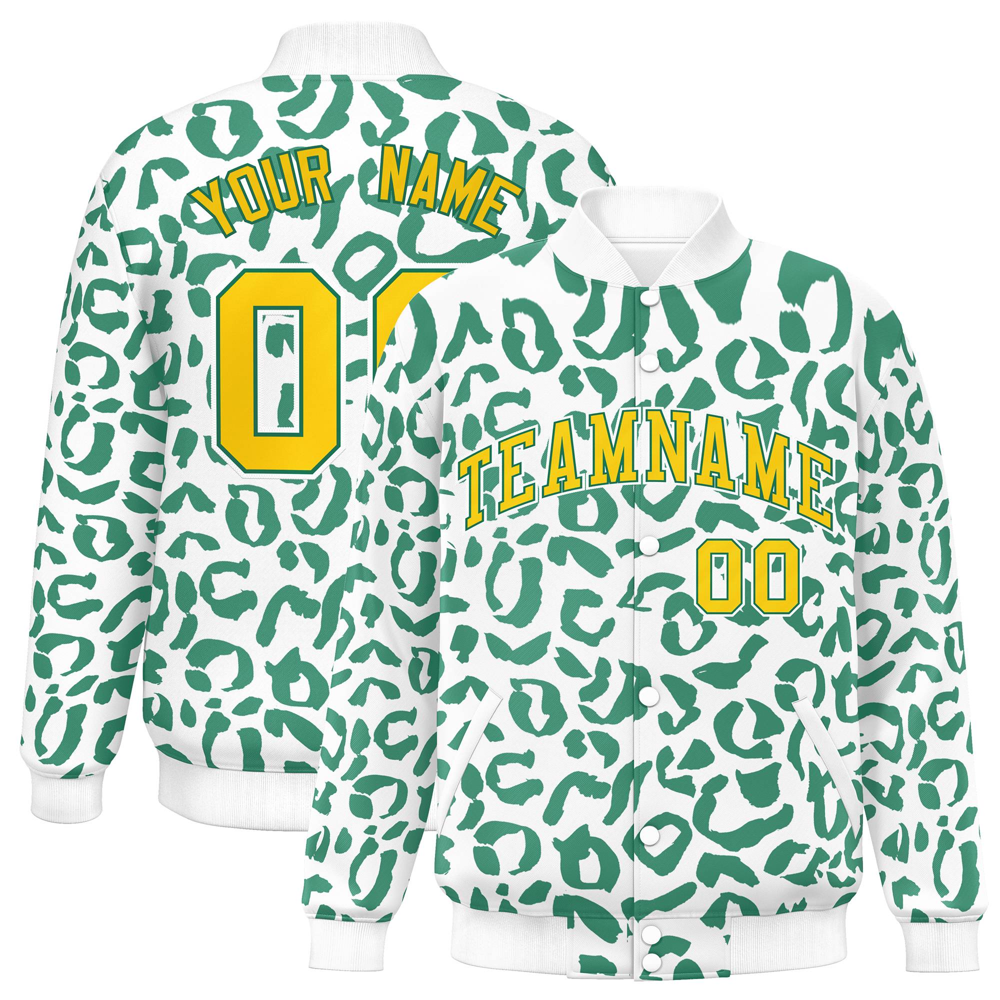 Custom White Kelly Green Varsity Full-Snap Leopard Print Graffiti Pattern Letterman Baseball Jacket