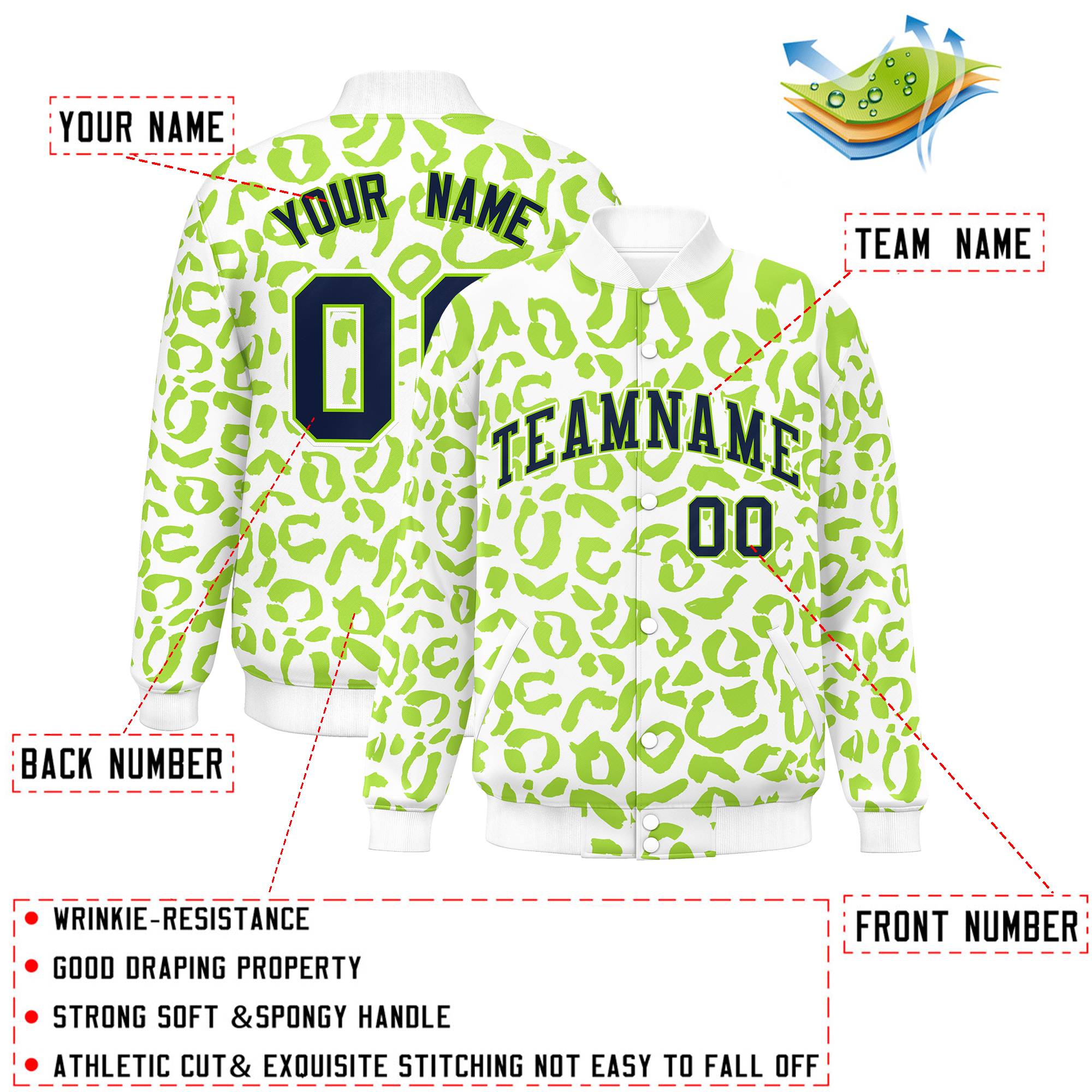 Custom White Neon Green Varsity Full-Snap Leopard Print Graffiti Pattern Letterman Baseball Jacket