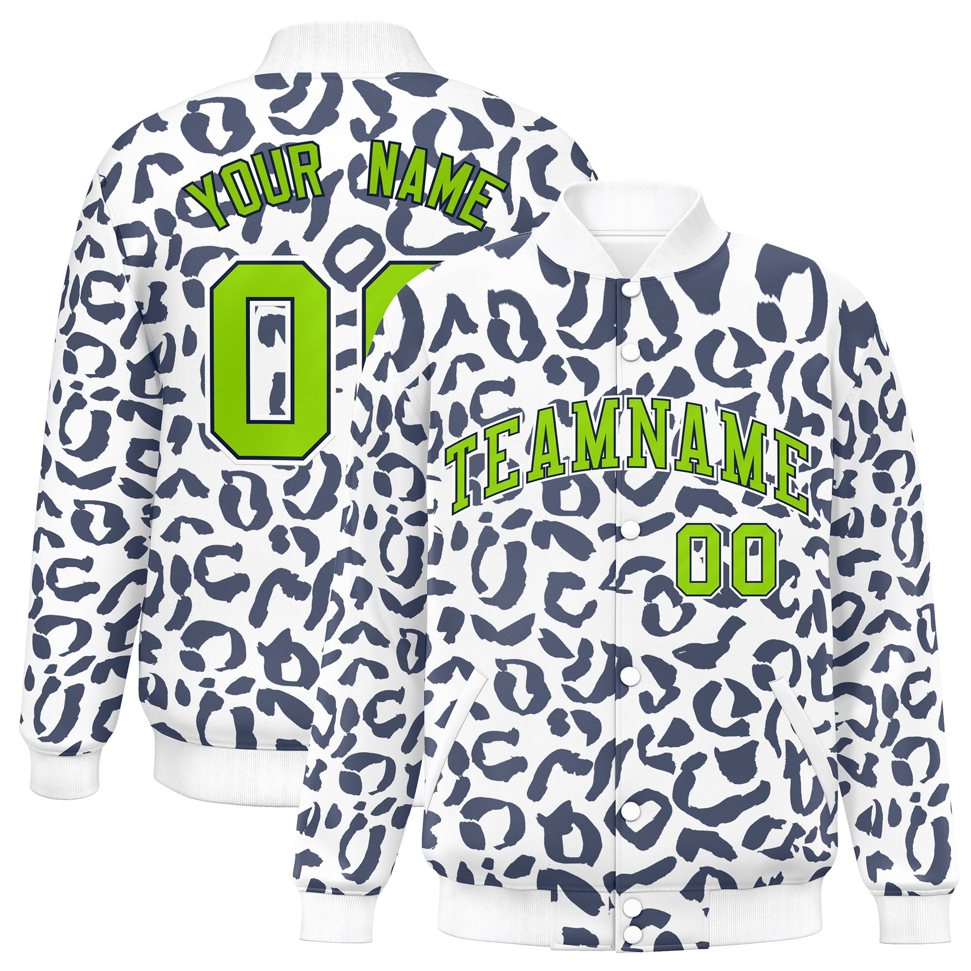 Custom White Navy Varsity Full-Snap Leopard Print Graffiti Pattern Letterman Baseball Jacket