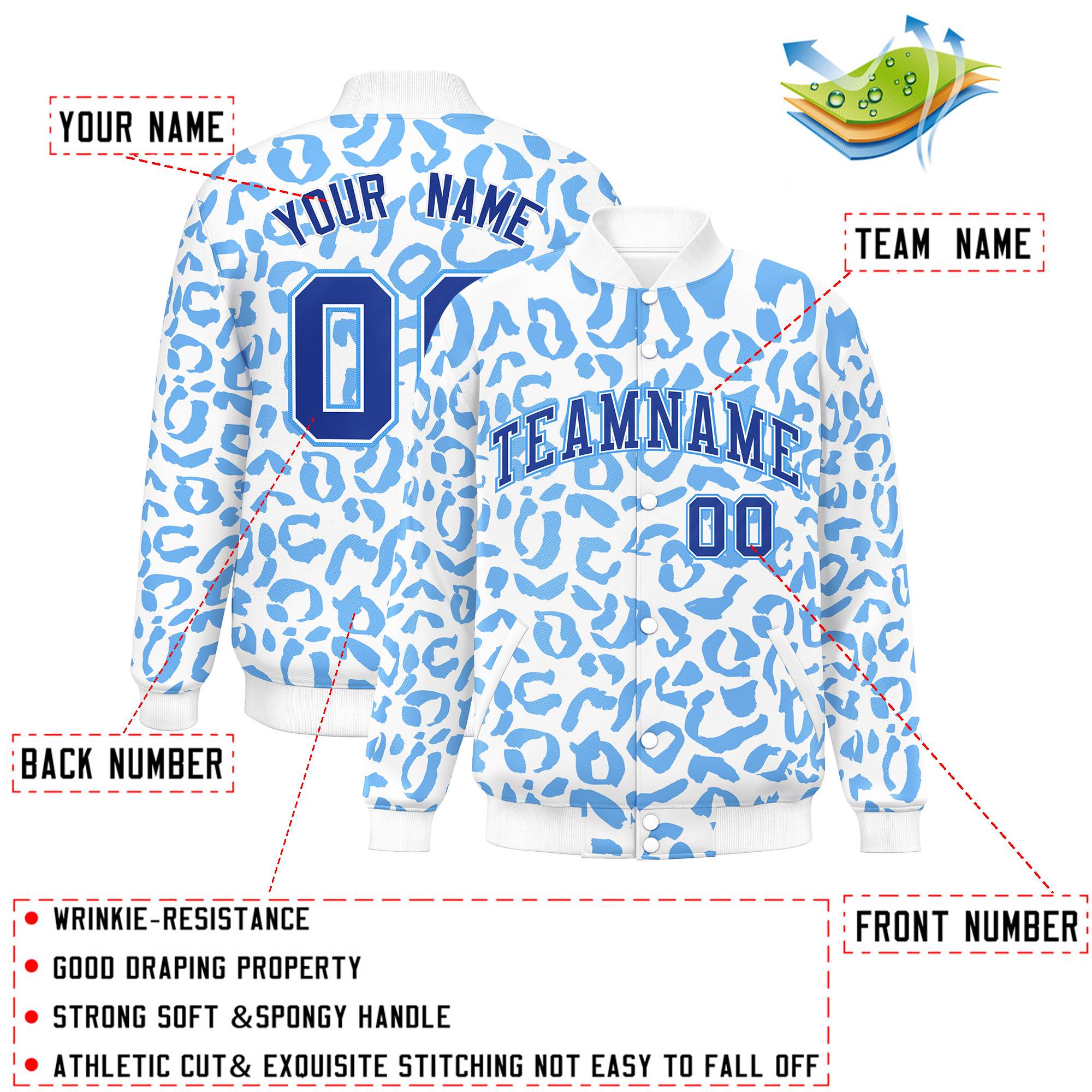 Custom White Powder Blue Varsity Full-Snap Leopard Print Graffiti Pattern Letterman Baseball Jacket