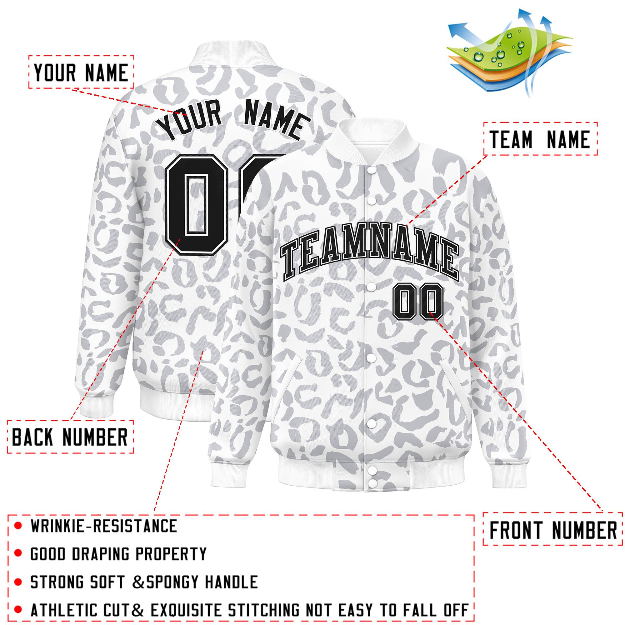 Custom White Gray Varsity Full-Snap Leopard Print Graffiti Pattern Letterman Baseball Jacket