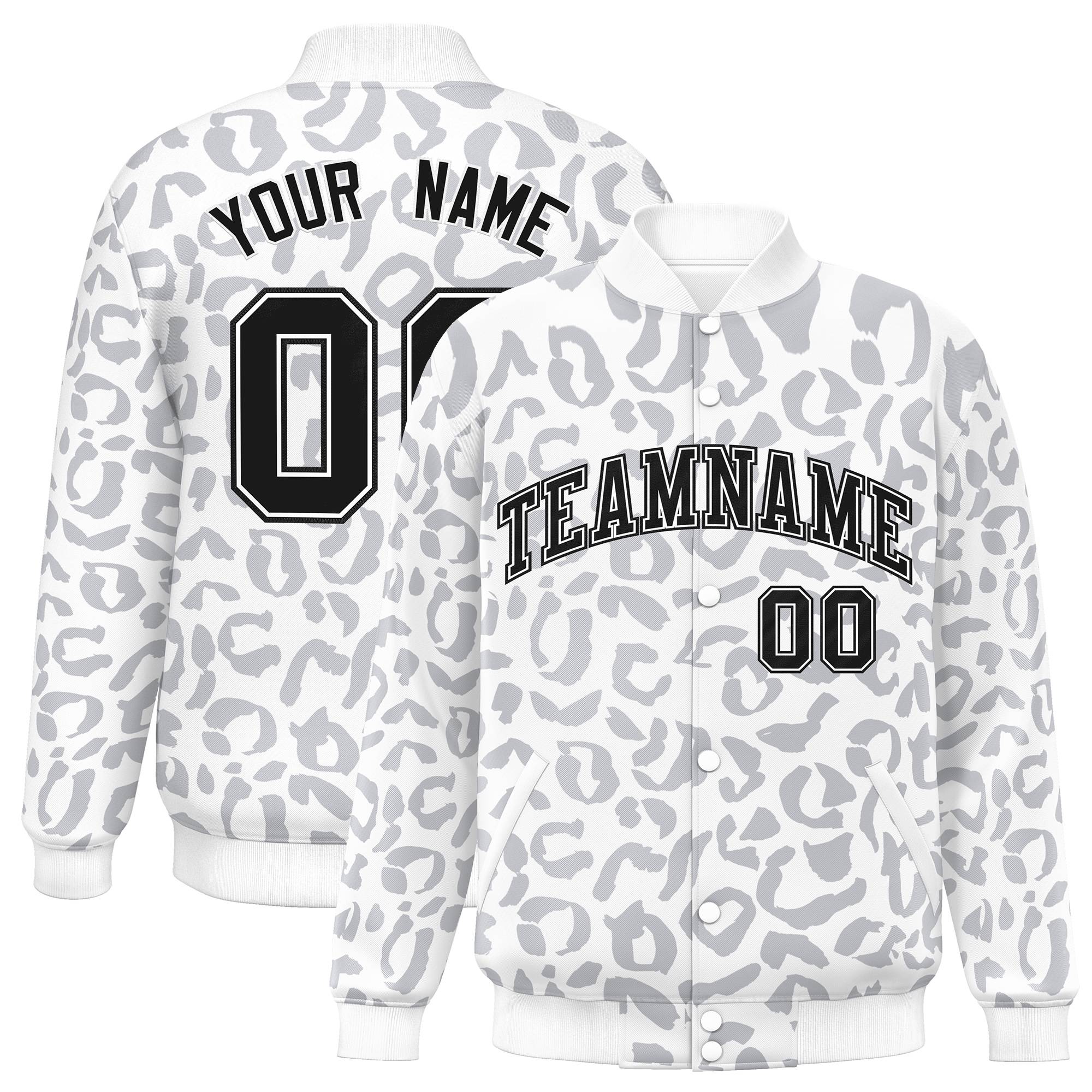 Custom White Gray Varsity Full-Snap Leopard Print Graffiti Pattern Letterman Baseball Jacket