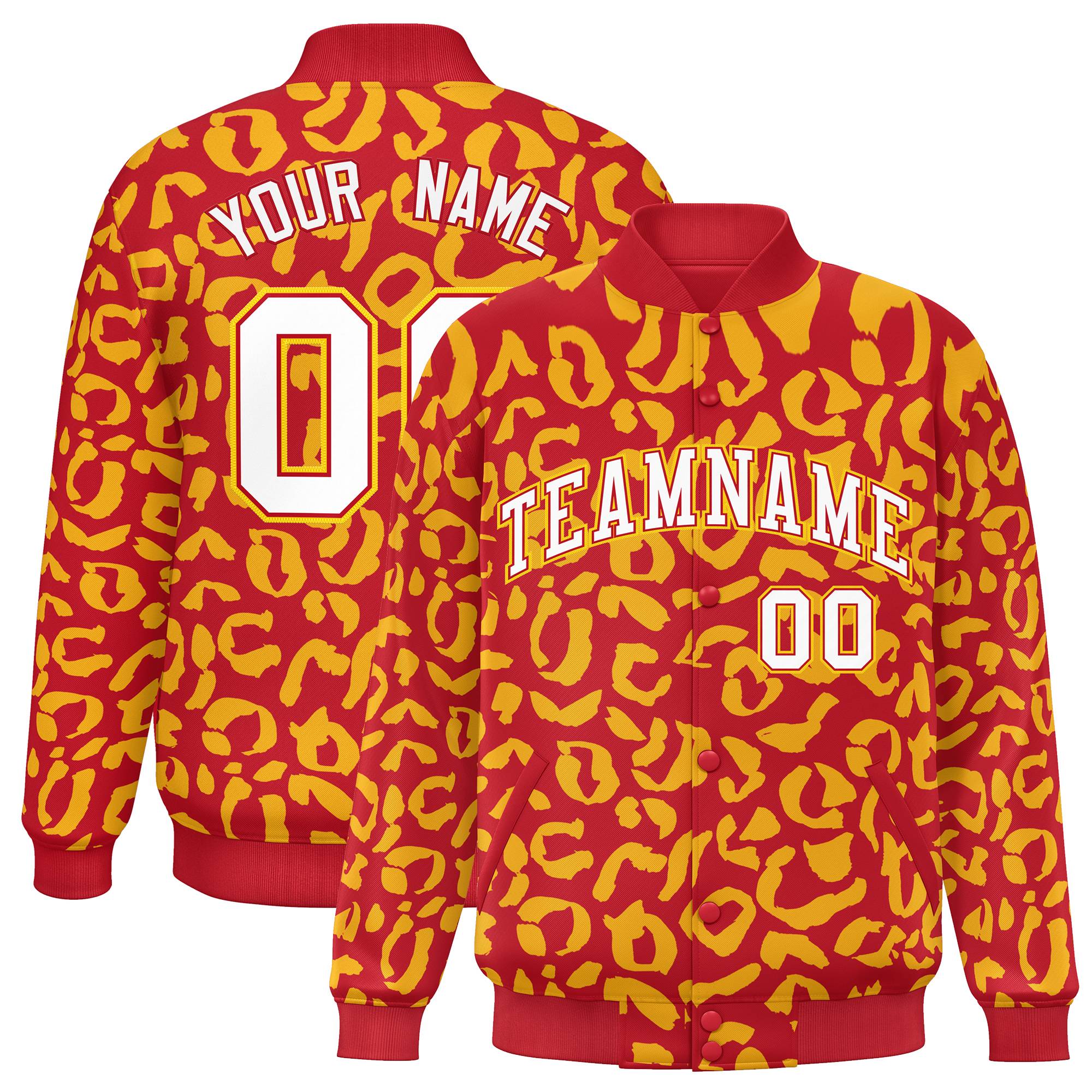 Custom Red Gold Varsity Full-Snap Leopard Print Graffiti Pattern Letterman Baseball Jacket