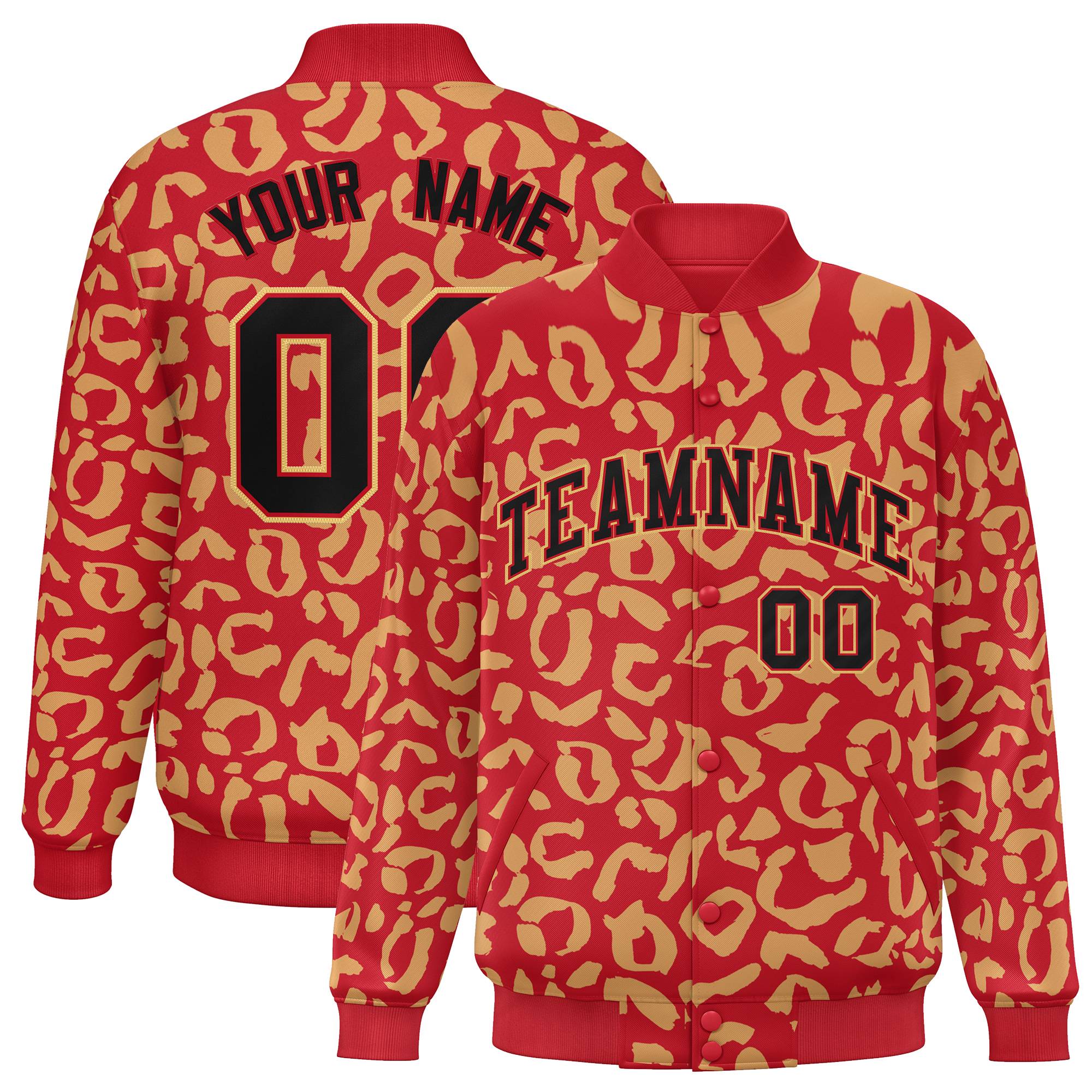 Custom Red Old Gold Varsity Full-Snap Leopard Print Graffiti Pattern Letterman Baseball Jacket