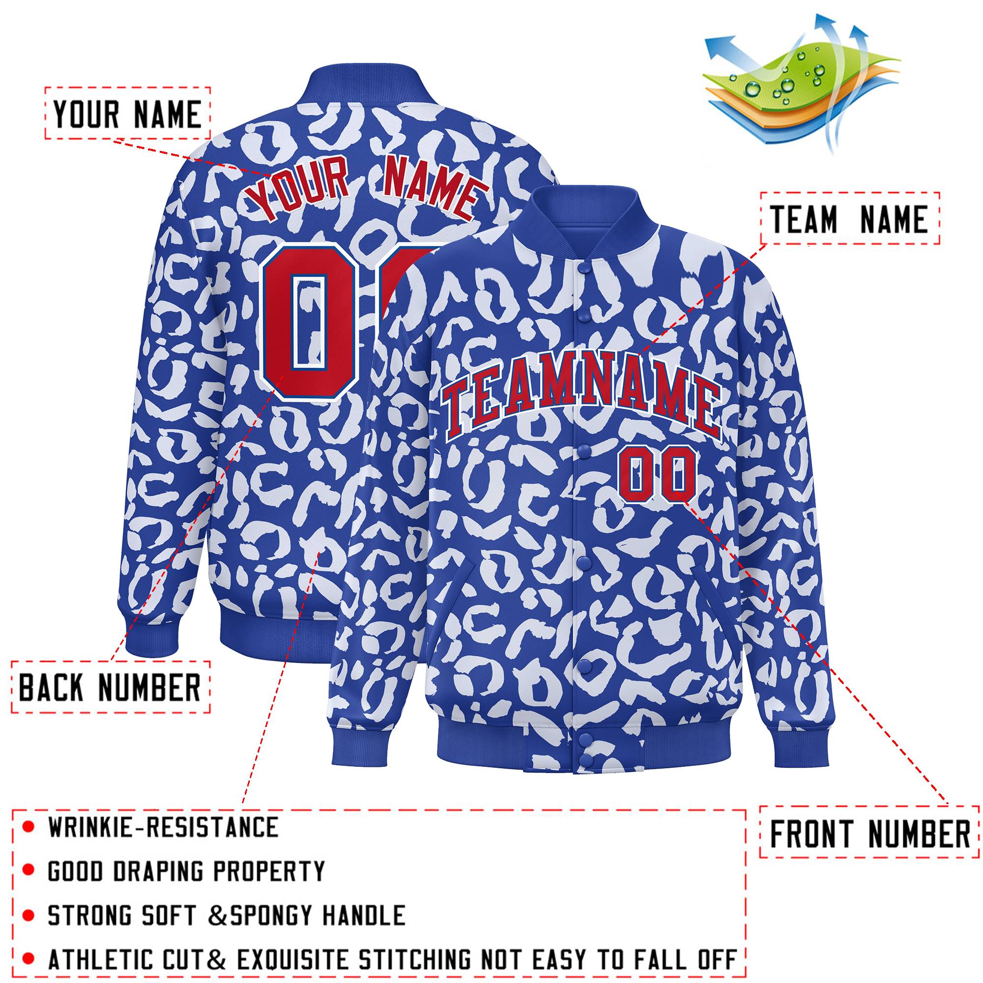 Custom Royal White Varsity Full-Snap Leopard Print Graffiti Pattern Letterman Baseball Jacket