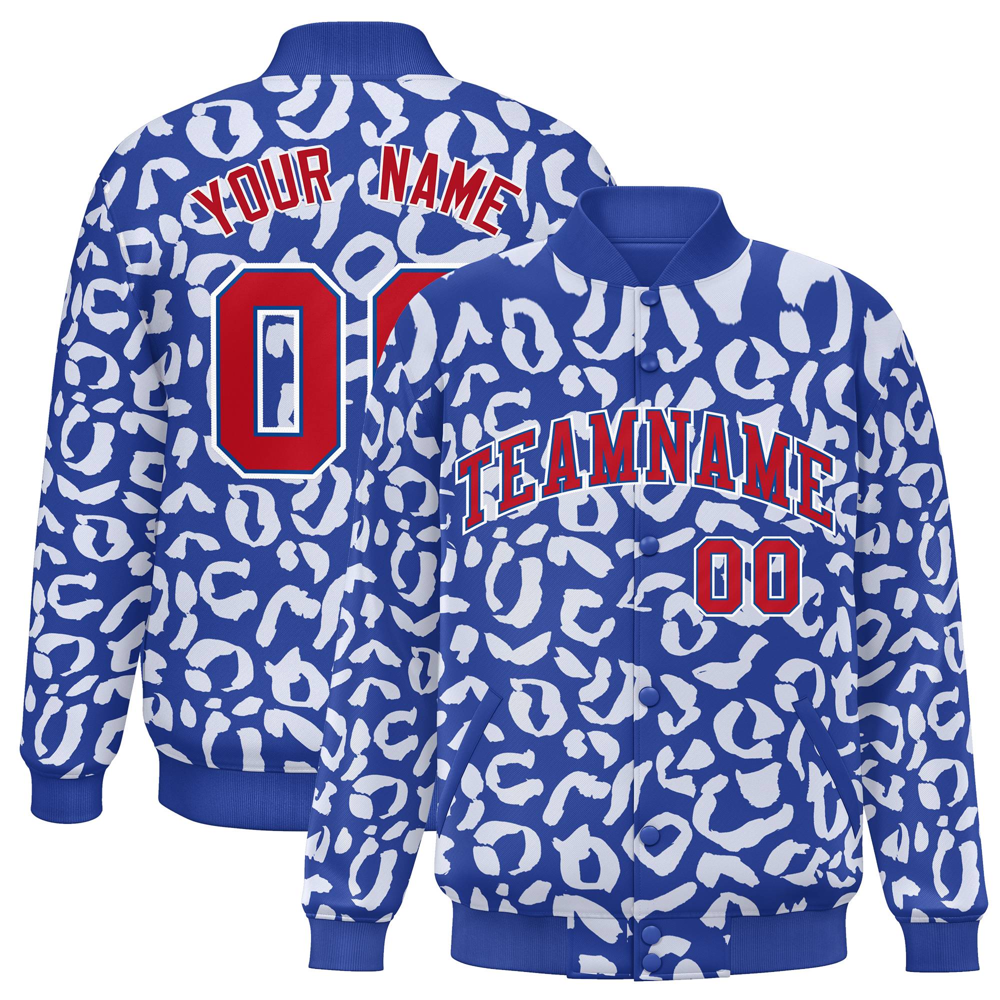 Custom Royal White Varsity Full-Snap Leopard Print Graffiti Pattern Letterman Baseball Jacket